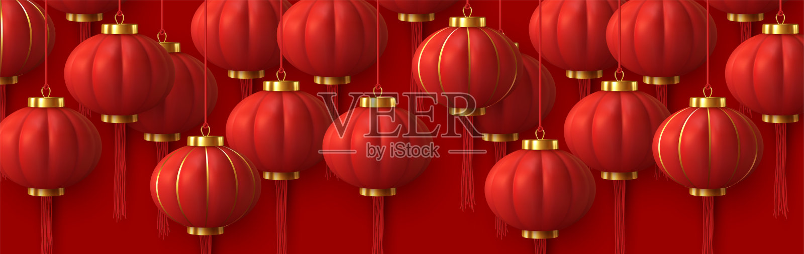 背景彩带上挂着中国红灯笼。插画图片素材