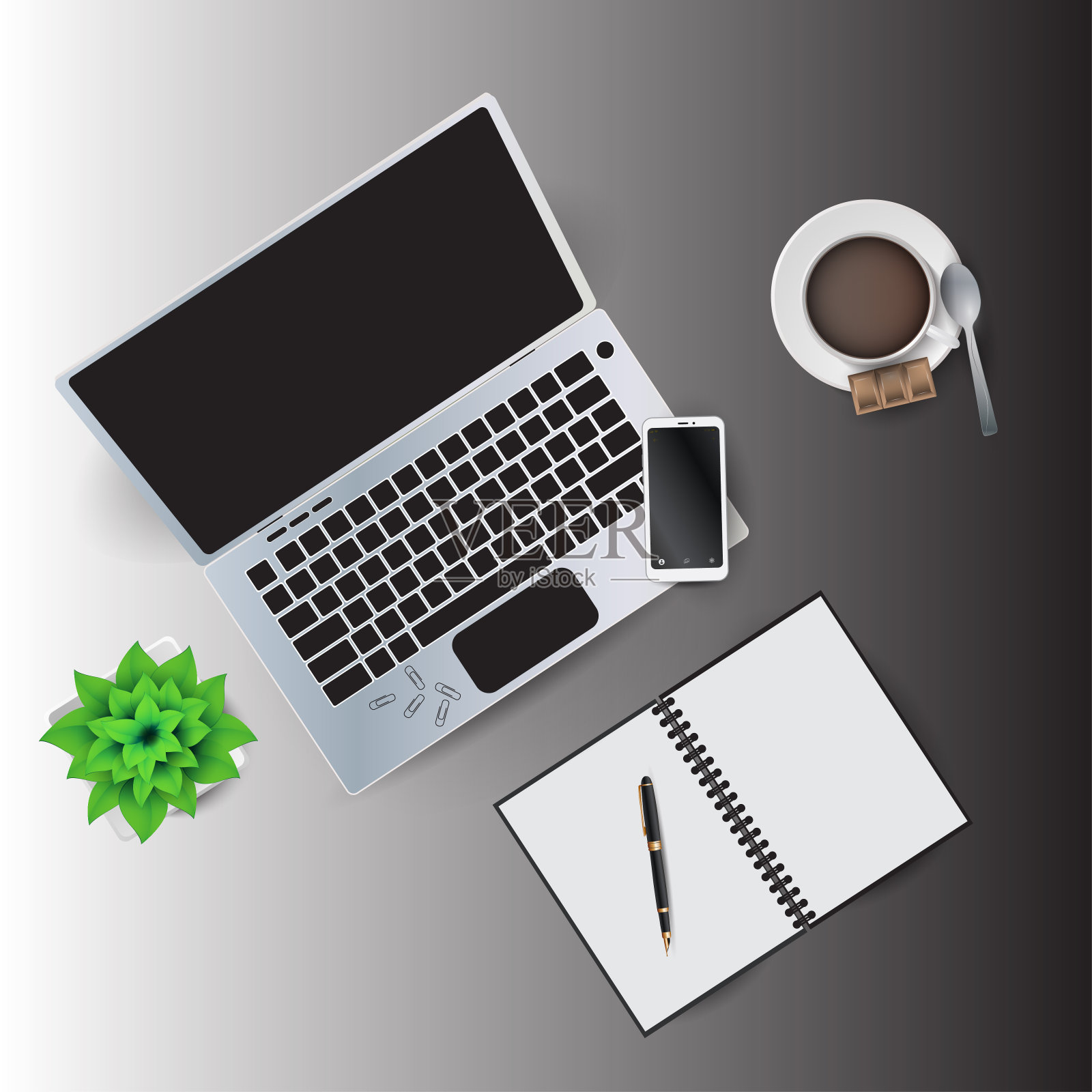 矢量插图的工作场所元素。笔记本，笔，咖啡杯，勺子，回形针，花盆里的花，笔记本。每股收益10。插画图片素材