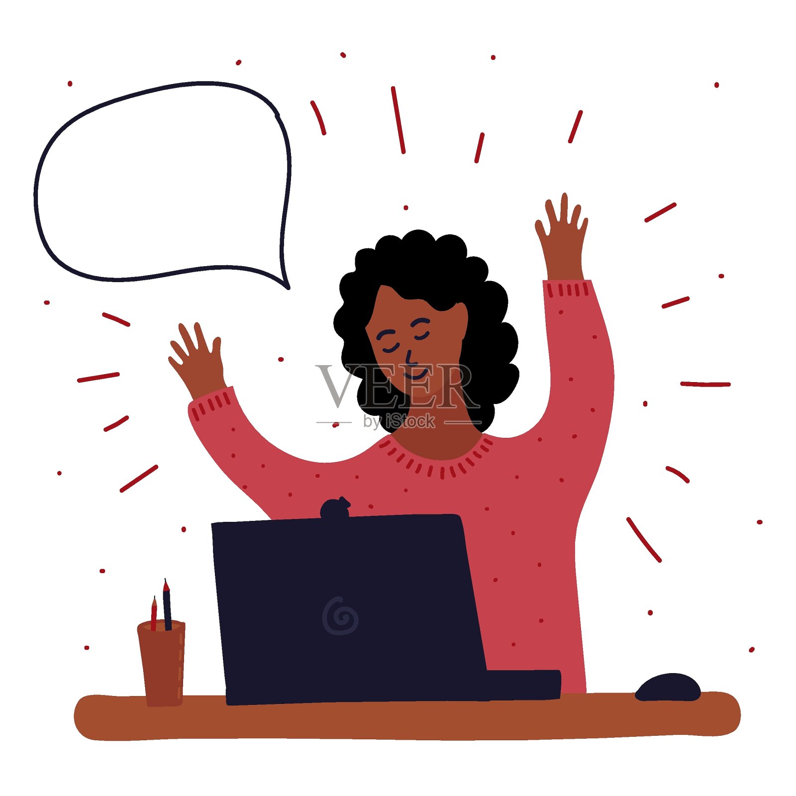矢量卡通插图的黑非洲女孩在互联网上写博客，学习或玩游戏。他周围有个感叹号，说话就会冒泡。电子学习，远程工作插画图片素材