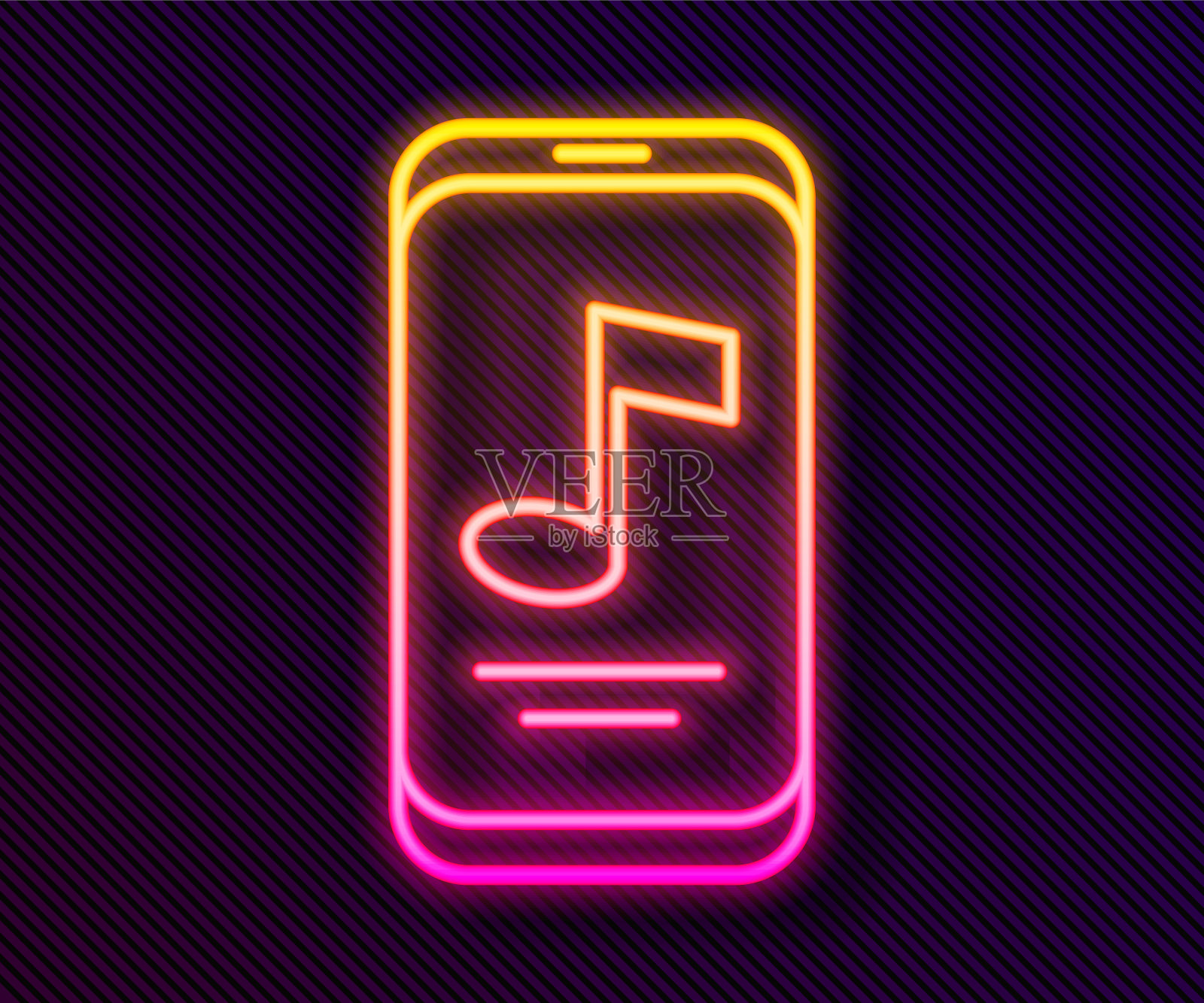 发光的霓虹灯线音乐播放器图标孤立在黑色的背景。便携式音乐设备。向量插画图片素材