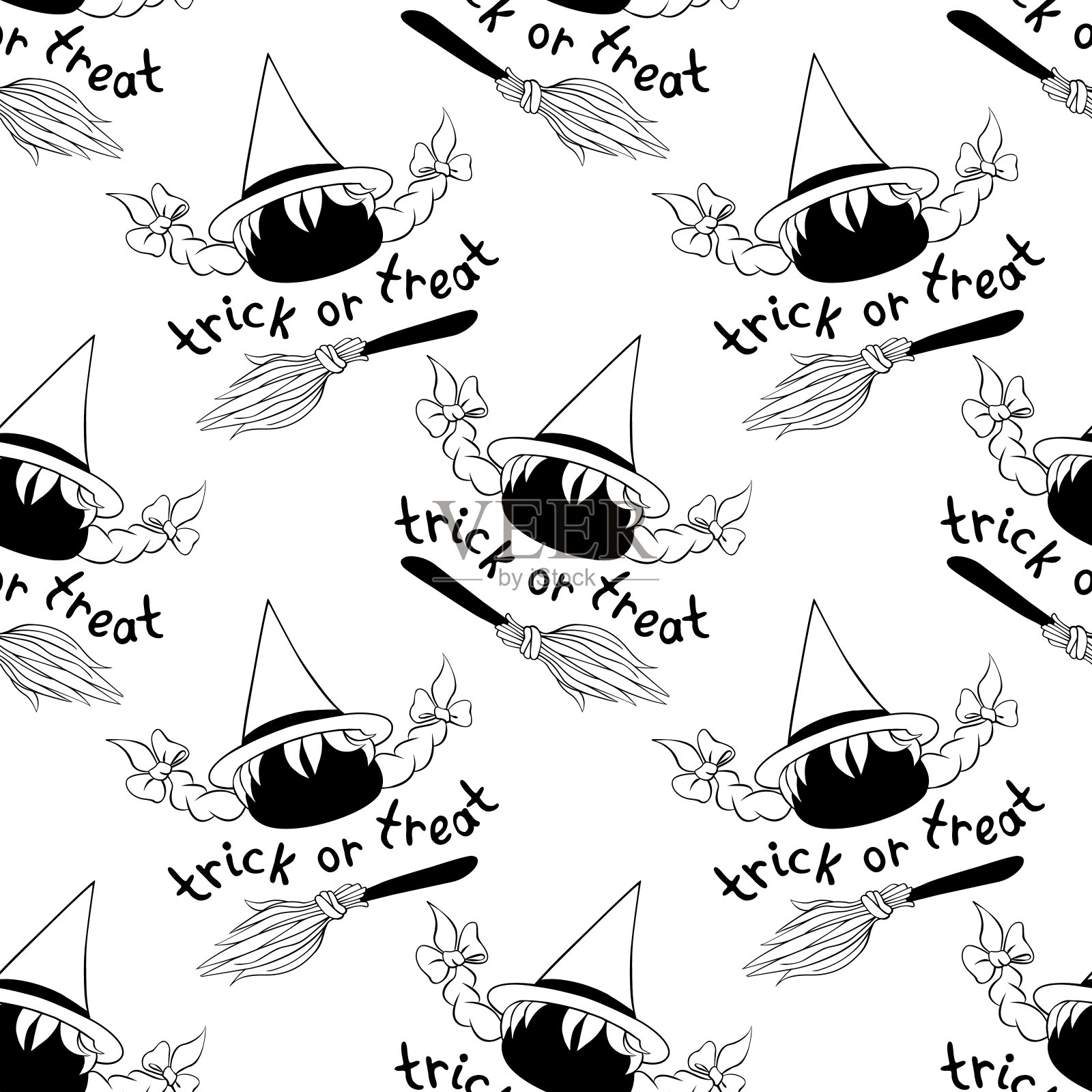 万圣节快乐-无缝模式与女巫图标，扫帚和字母。女孩的主题。纹理背景贺卡，邀请，派对海报，横幅插画图片素材