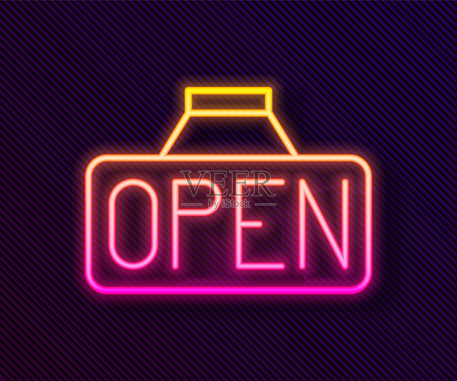 发光的霓虹线与文字悬挂标志打开门图标隔离在黑色背景。向量插画图片素材
