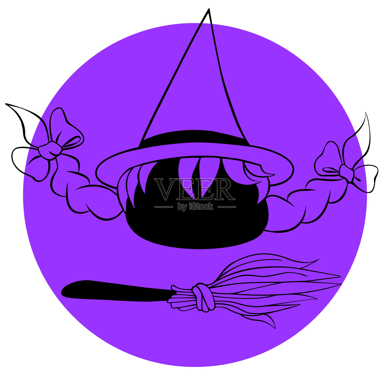 小女巫矢量图标。万圣节快乐。插图与黑色剪影，扫帚派对邀请，贺卡，旗帜，儿童印刷。假日海报，徽章模板插画图片素材