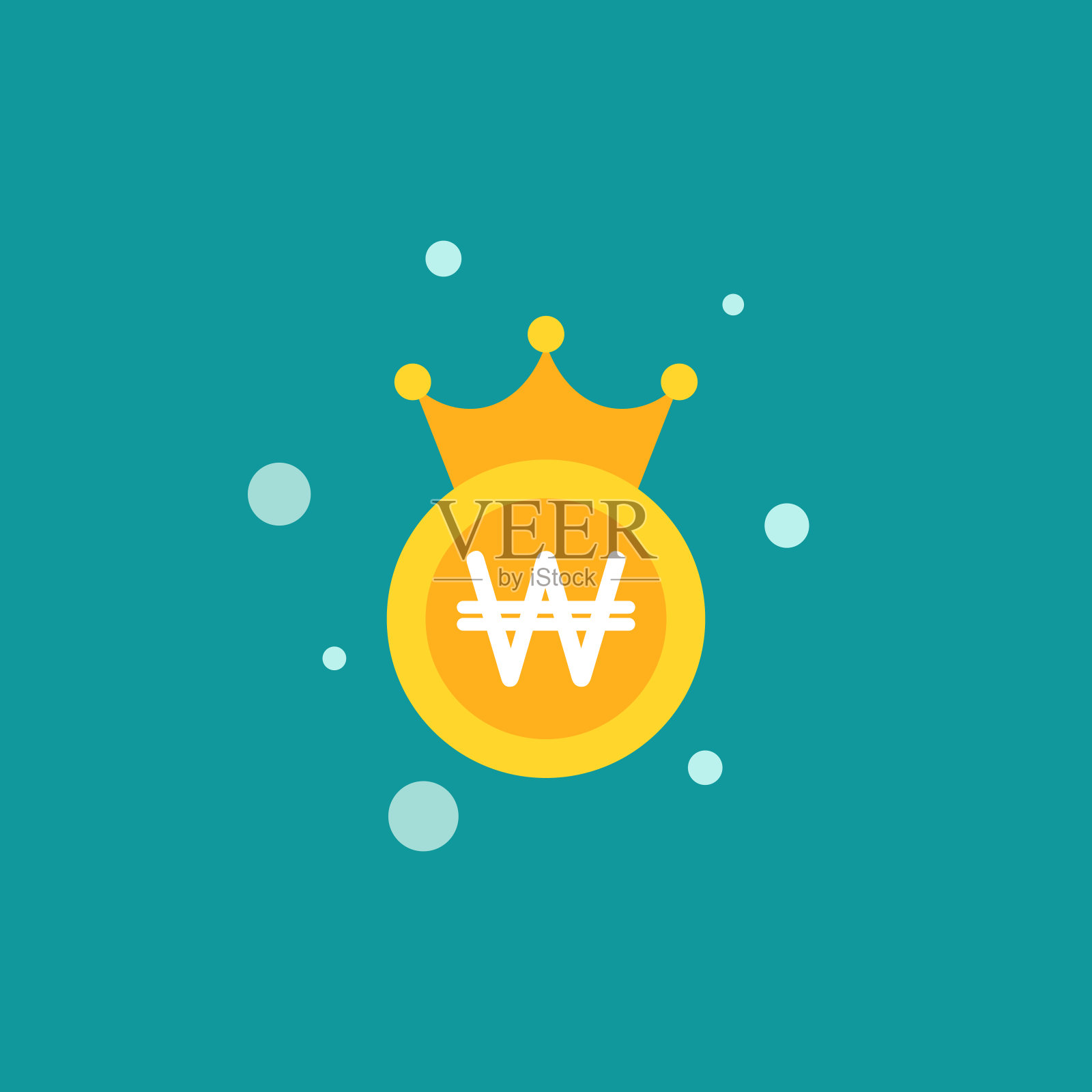 金韩元硬币与皇家皇冠。平面图标孤立在蓝色背景。插画图片素材