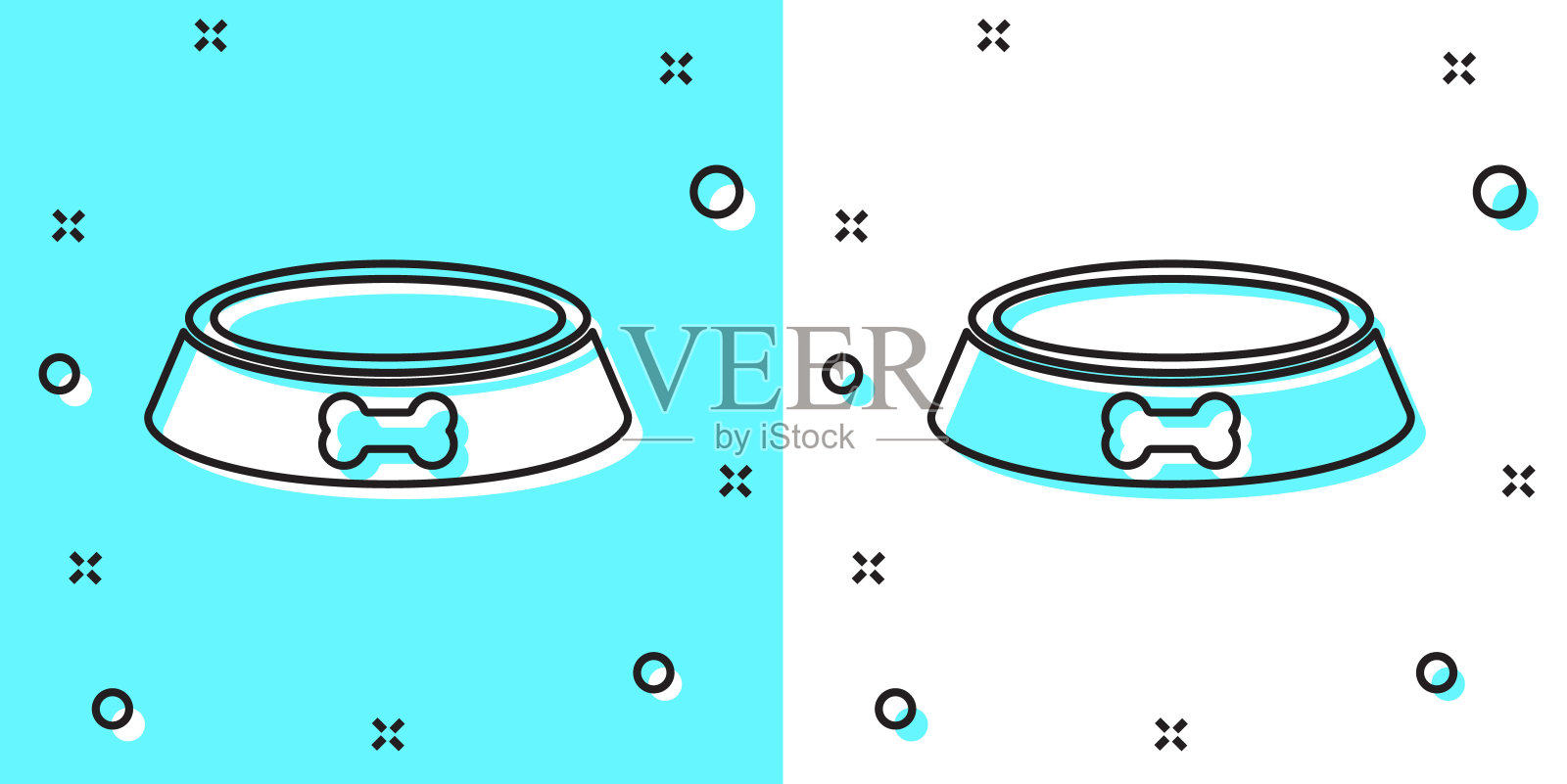 黑线宠物食品碗猫或狗的图标孤立在绿色和白色的背景。狗骨头的迹象。随机动态形状。向量插画图片素材