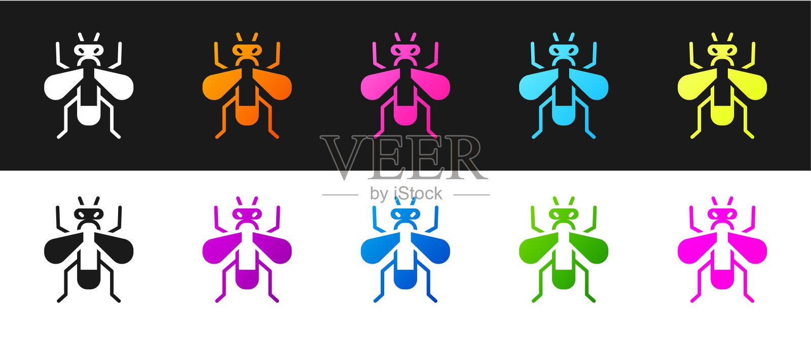 设置昆虫飞行图标隔离在黑色和白色背景。向量插画图片素材