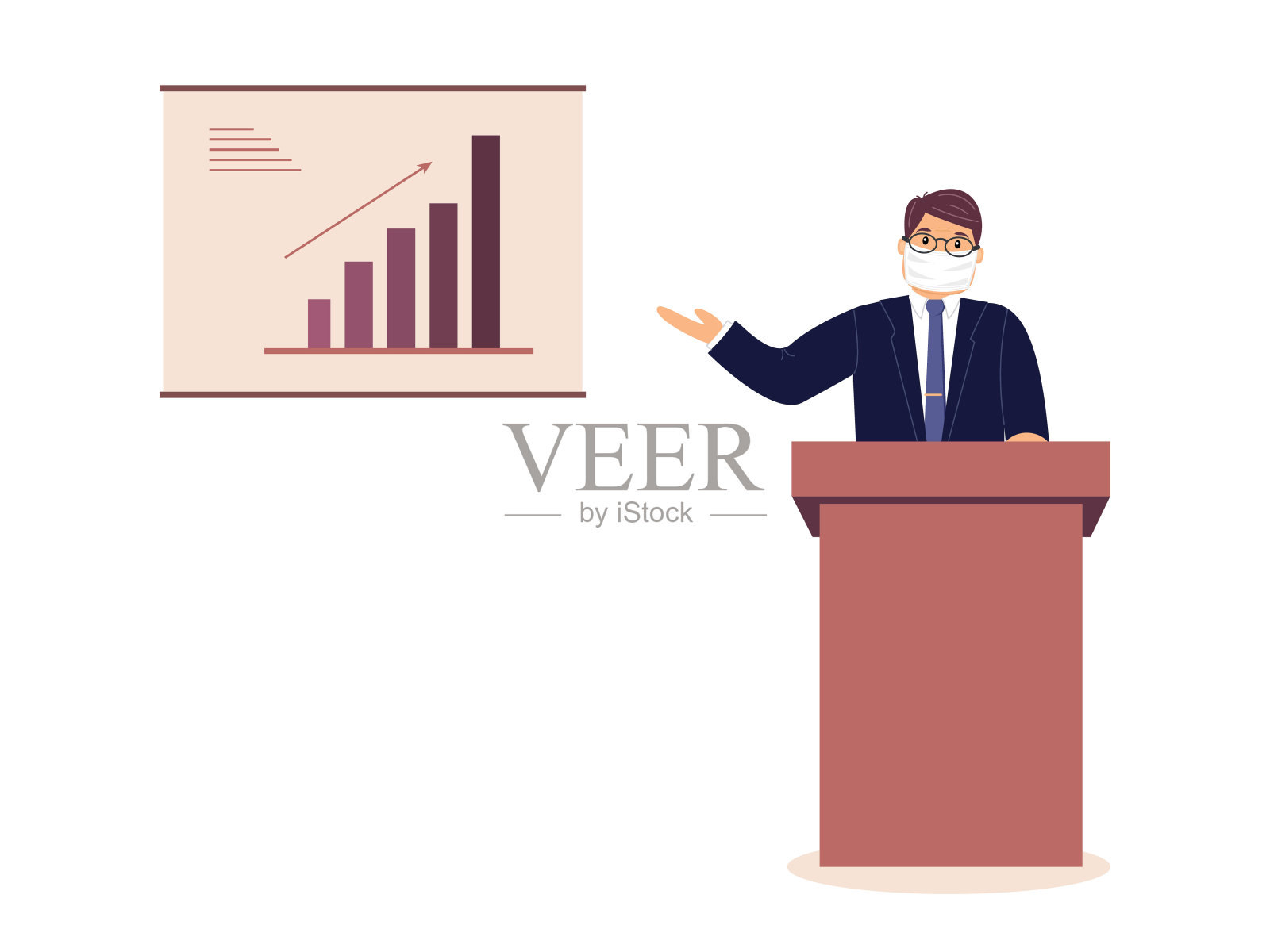 演讲者戴着防护口罩在讲台后面作报告插画图片素材