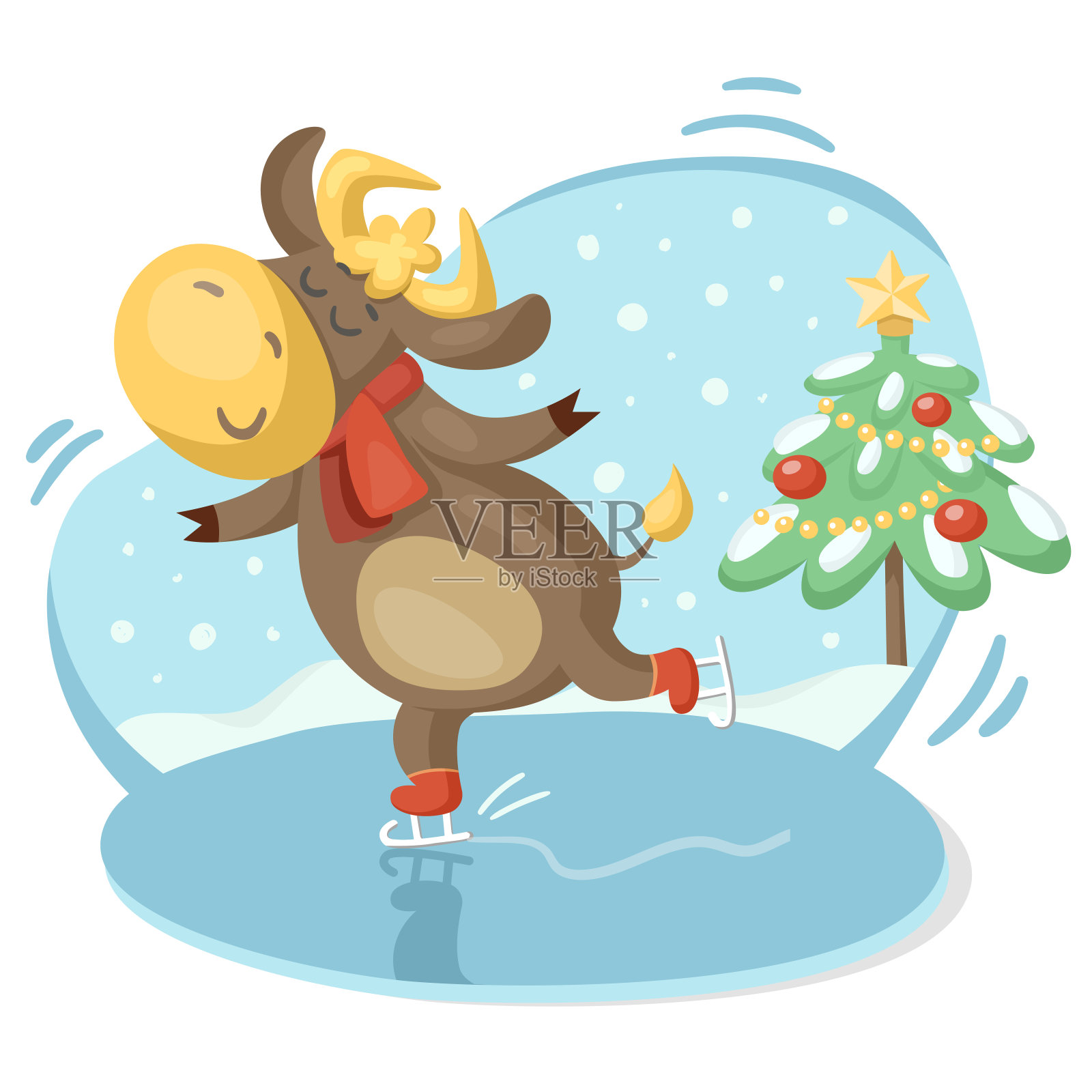 圣诞贺卡-牛或牛滑冰插画图片素材