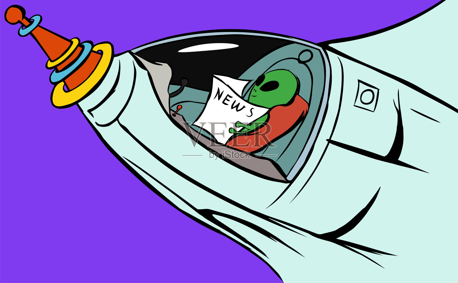 微笑的绿色外星人与报纸插画图片素材