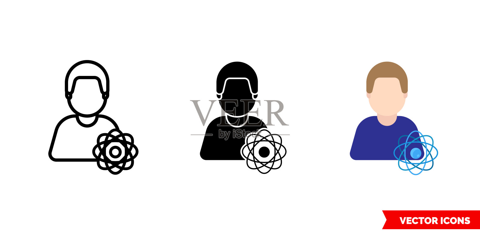 物理学家图标有三种颜色，黑色和白色，轮廓。孤立向量符号符号图标素材