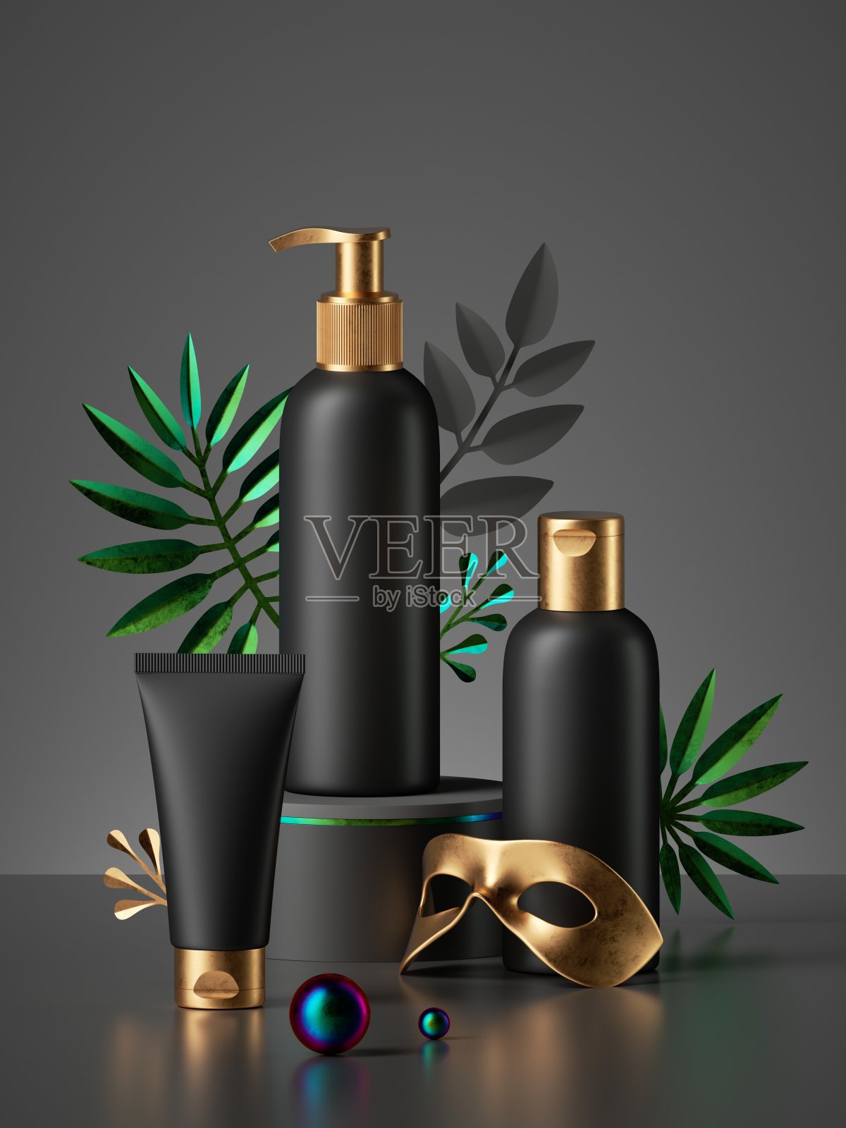 3d渲染，豪华的黑色化妆品瓶与金色瓶盖隔离在黑暗的背景，金色面具，热带树叶。收集男士护肤产品，空白包装样板premium设计照片摄影图片