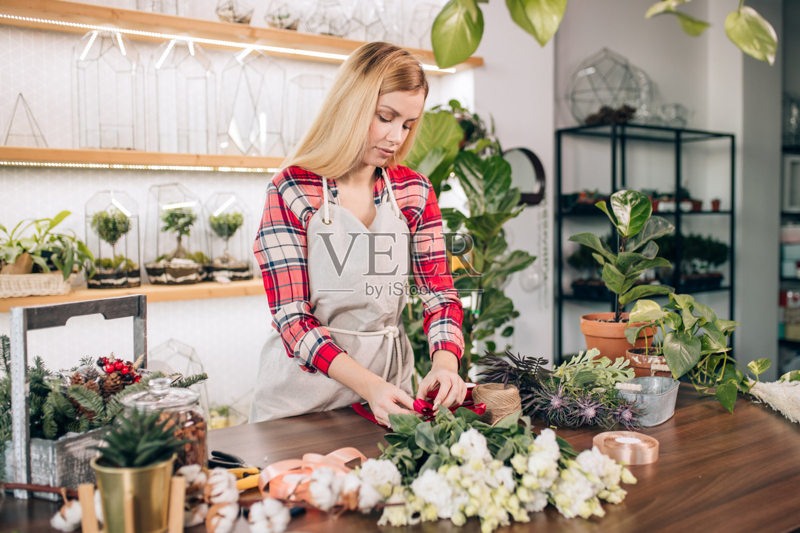 女人花商，小企业主检查她的鲜花，植物库存和存货照片摄影图片