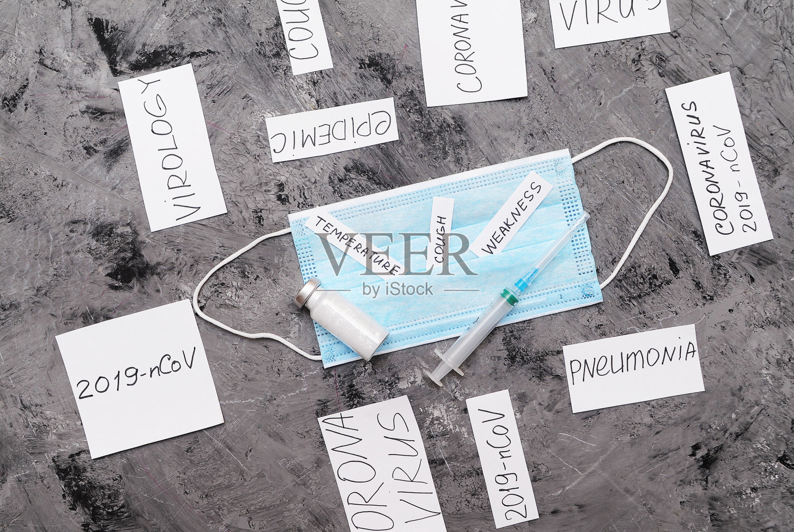 冠状病毒的概念。防护口罩和刻有冠状病毒症状字样的纸。照片摄影图片