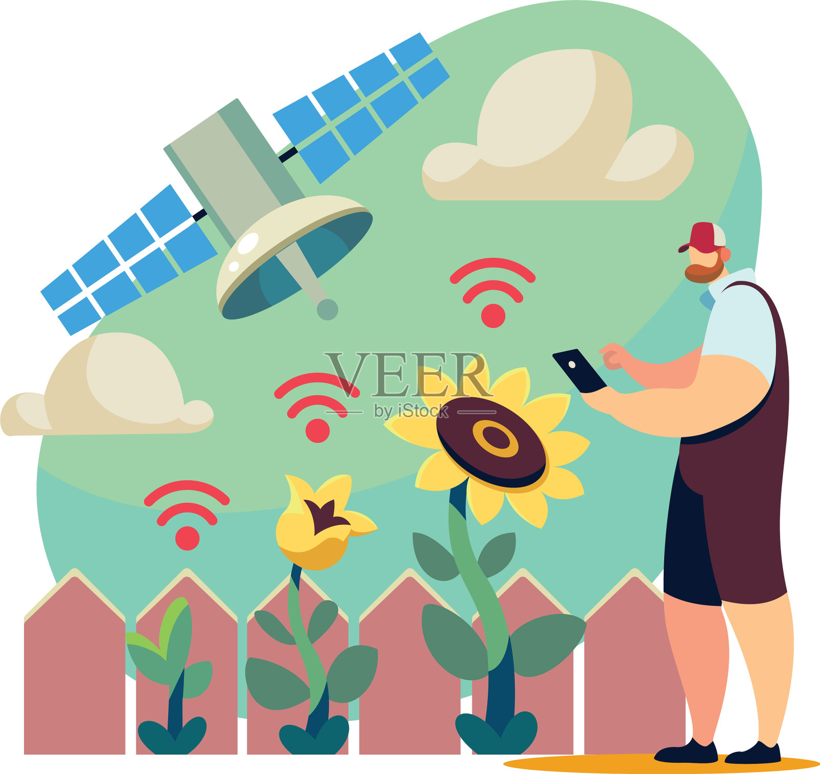 男性农民在实地在线研究和作物设计元素图片