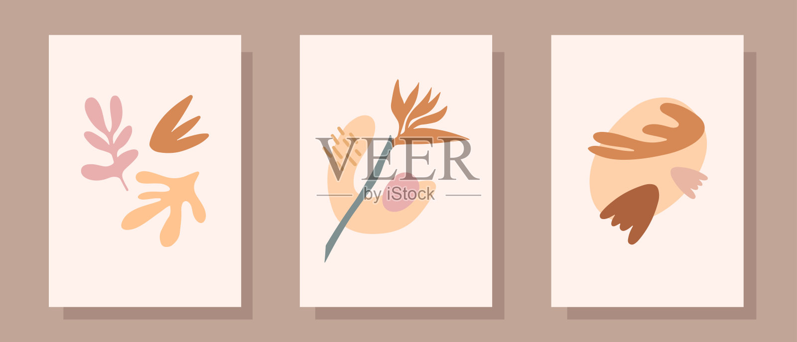 一套抽象的手绘插图在柔和的颜色。手绘花瓶，树叶插画图片素材