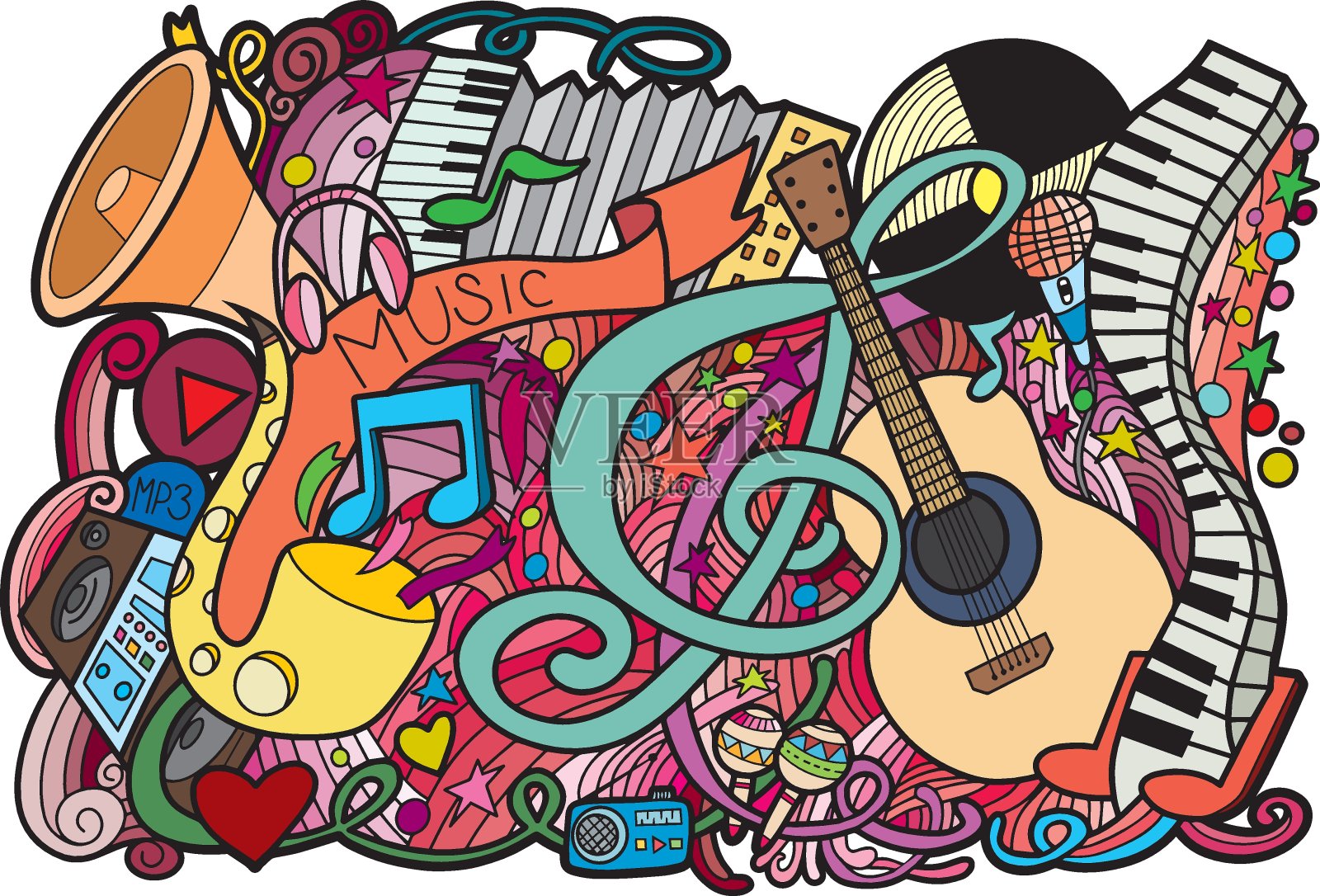 音乐插图涂鸦。彩色详细的框架，与大量的对象矢量背景插画图片素材