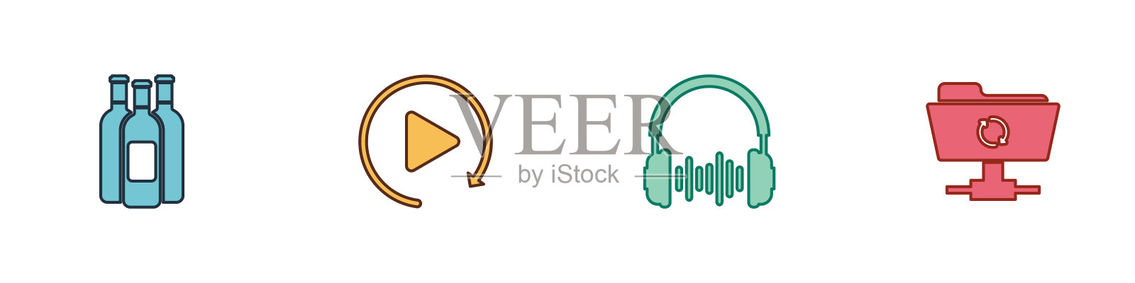 设置瓶酒，视频播放按钮，耳机和声波和FTP同步刷新图标。向量图标素材