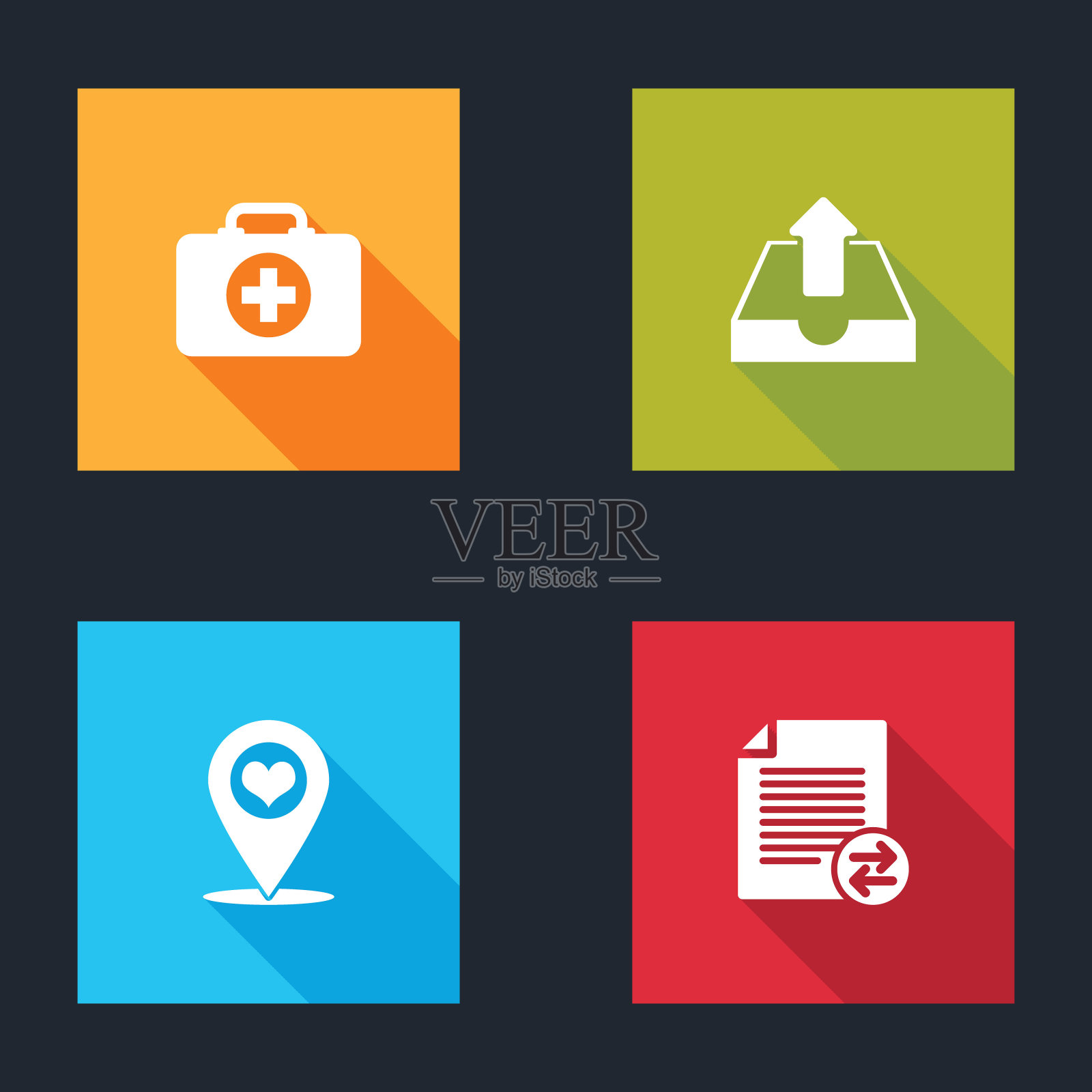设置急救箱，上传收件箱，地图指针与心脏和传输文件图标。向量图标素材