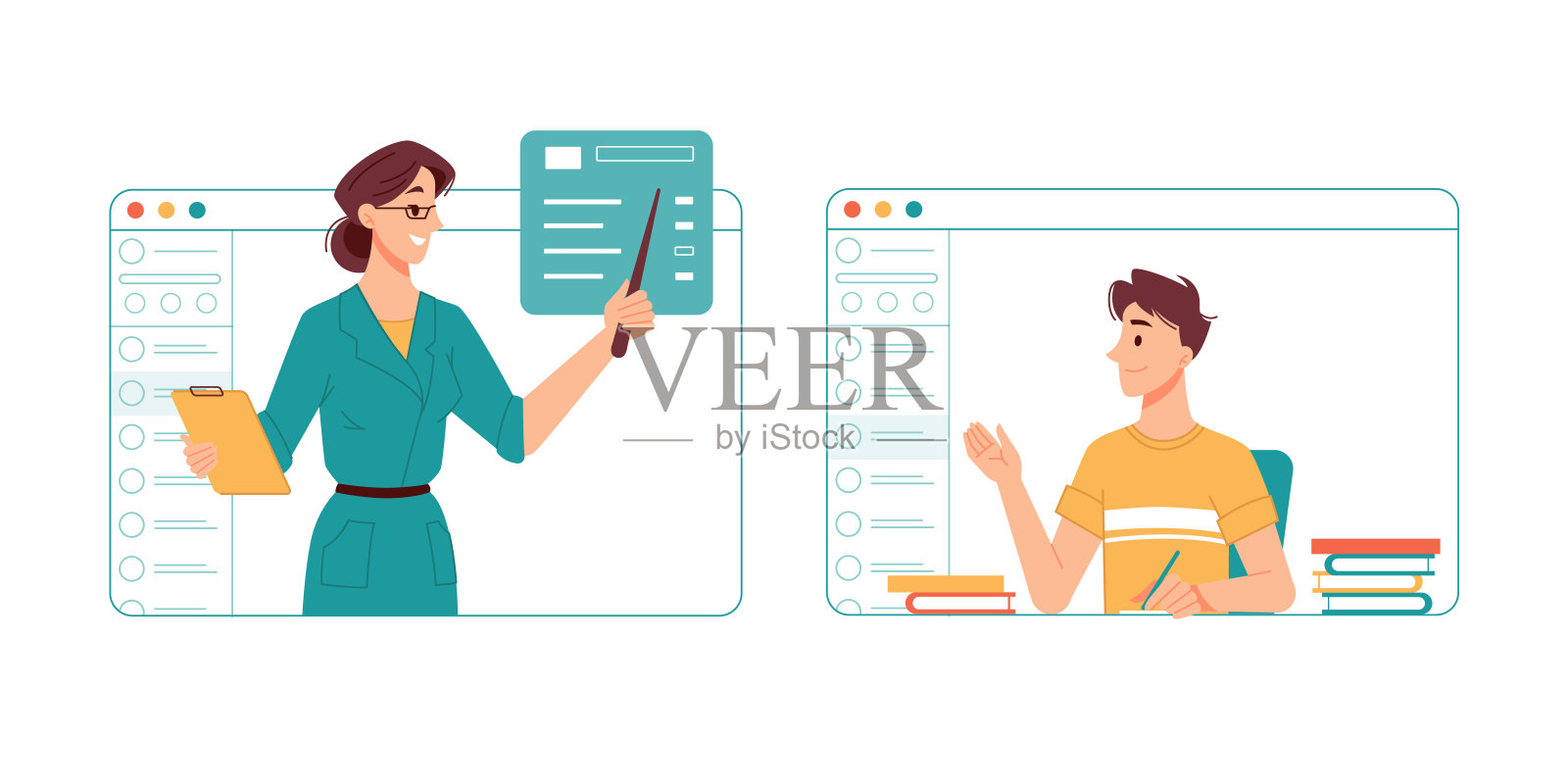 远程教育和在线学习。教师通过视频电话向学生讲解新的纪律。在冠状病毒封锁期间获取知识和自我隔离辅导电子学习载体设计元素图片