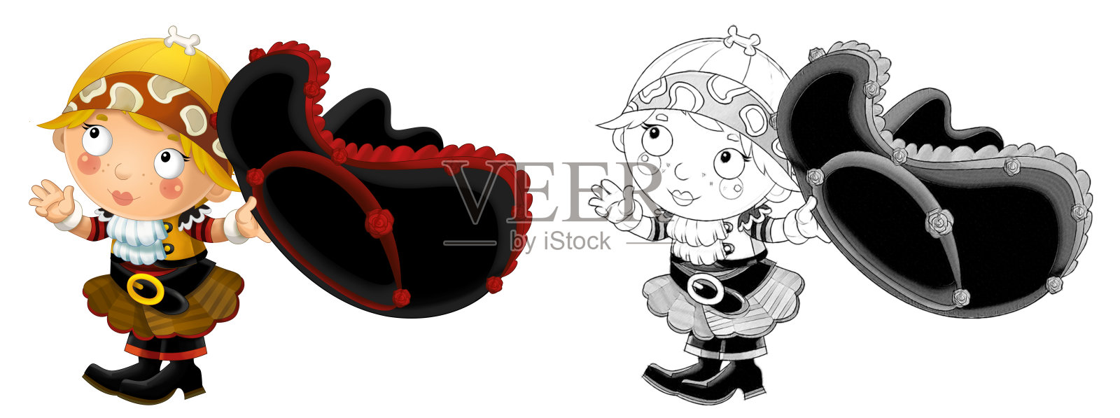 卡通素描场景与美丽的海盗女孩在白色的背景-插图设计元素图片