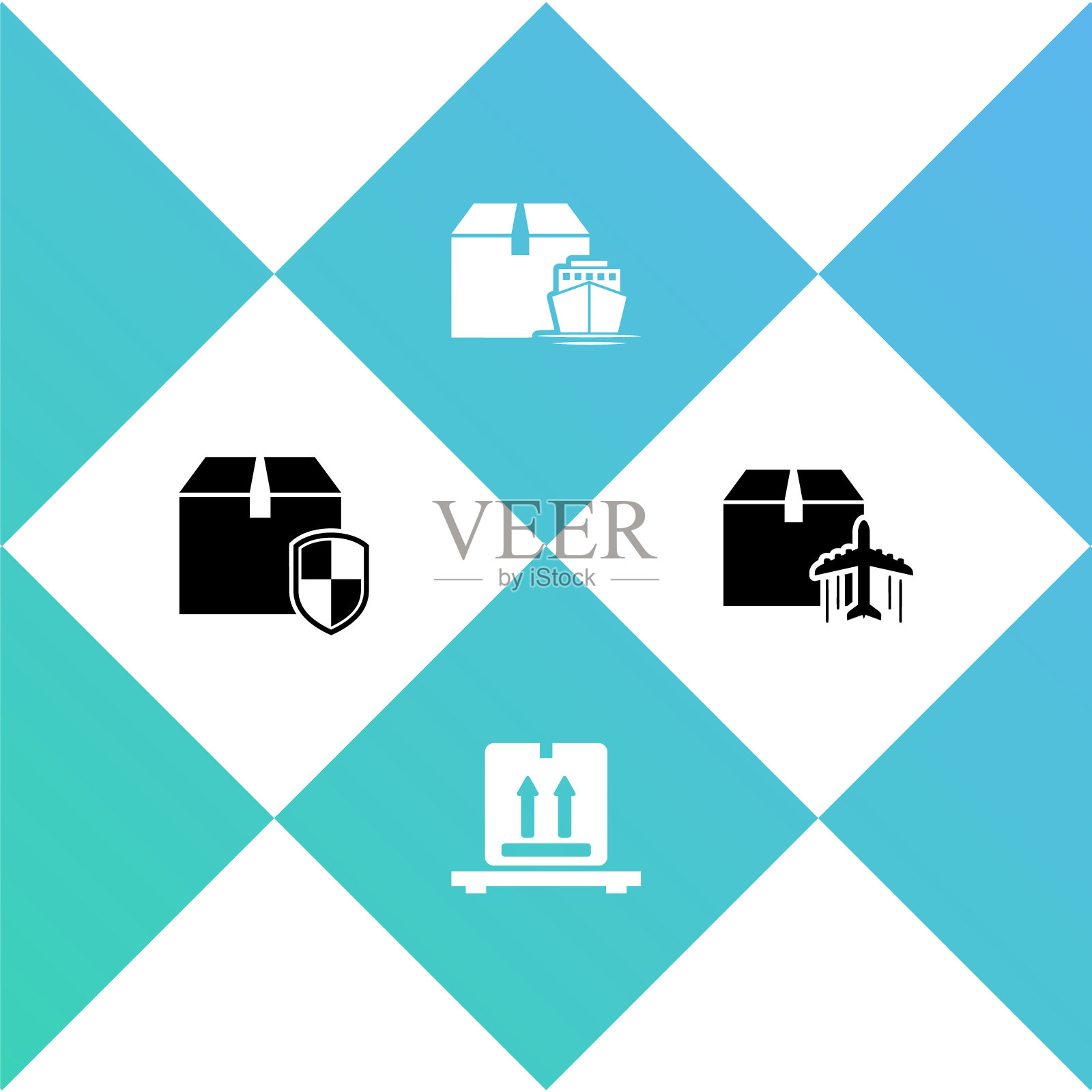 设置投递箱安全屏蔽，纸板箱托盘，货船与飞机和纸板图标。向量图标素材