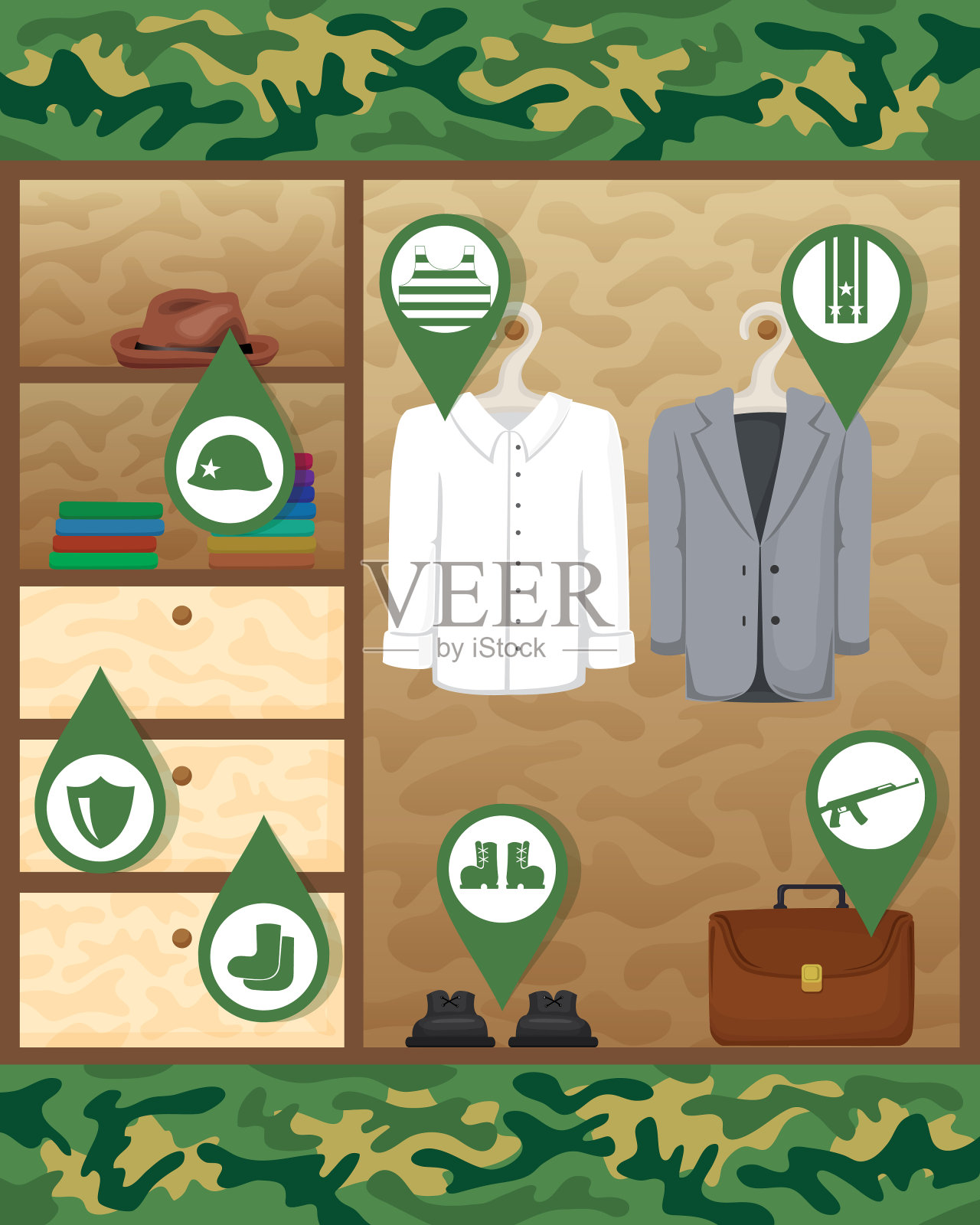 矢量插图。模板卡片捍卫者节，男人节。永远是人的捍卫者，即使是在军队服役。衣橱里有衣服和军事主题的图标。插画图片素材