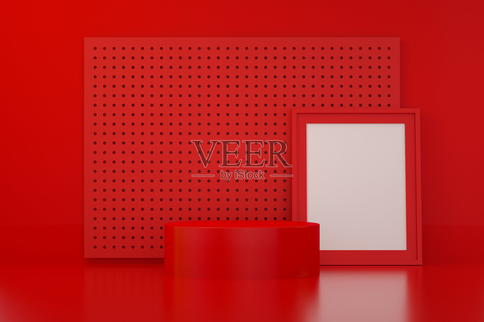 3D空产品站，平台，讲台和空框架，红色背景照片摄影图片