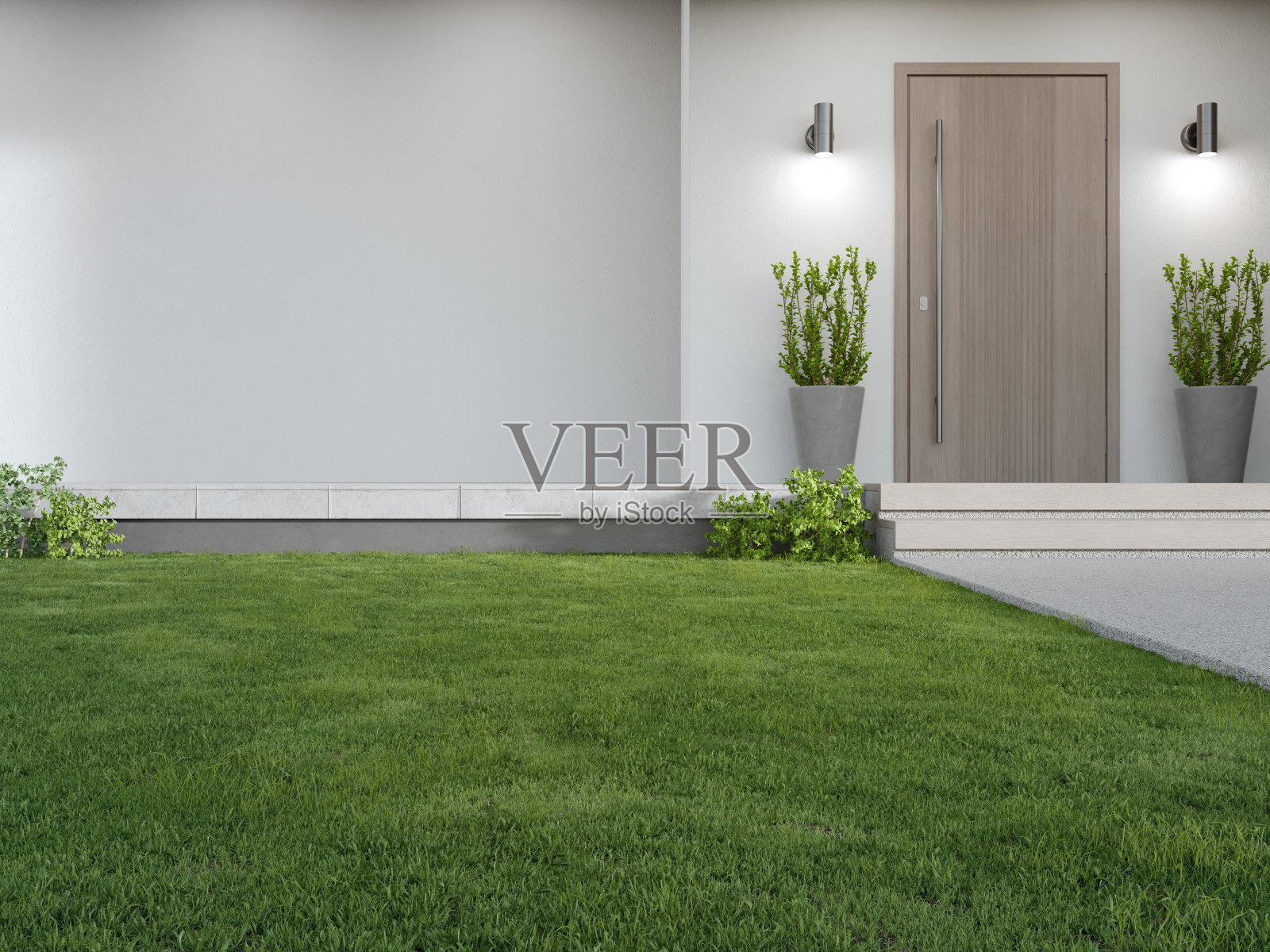 新房子有木门入口和空白的白色混凝土墙。照片摄影图片