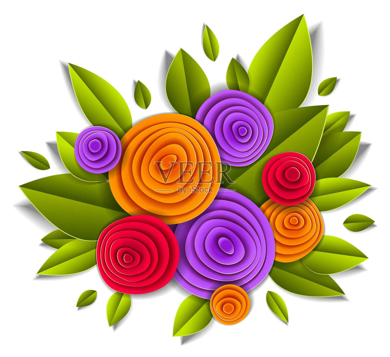 设计用花和叶剪纸风格，矢量花卉插图。婚礼请柬或浪漫贺卡。插画图片素材