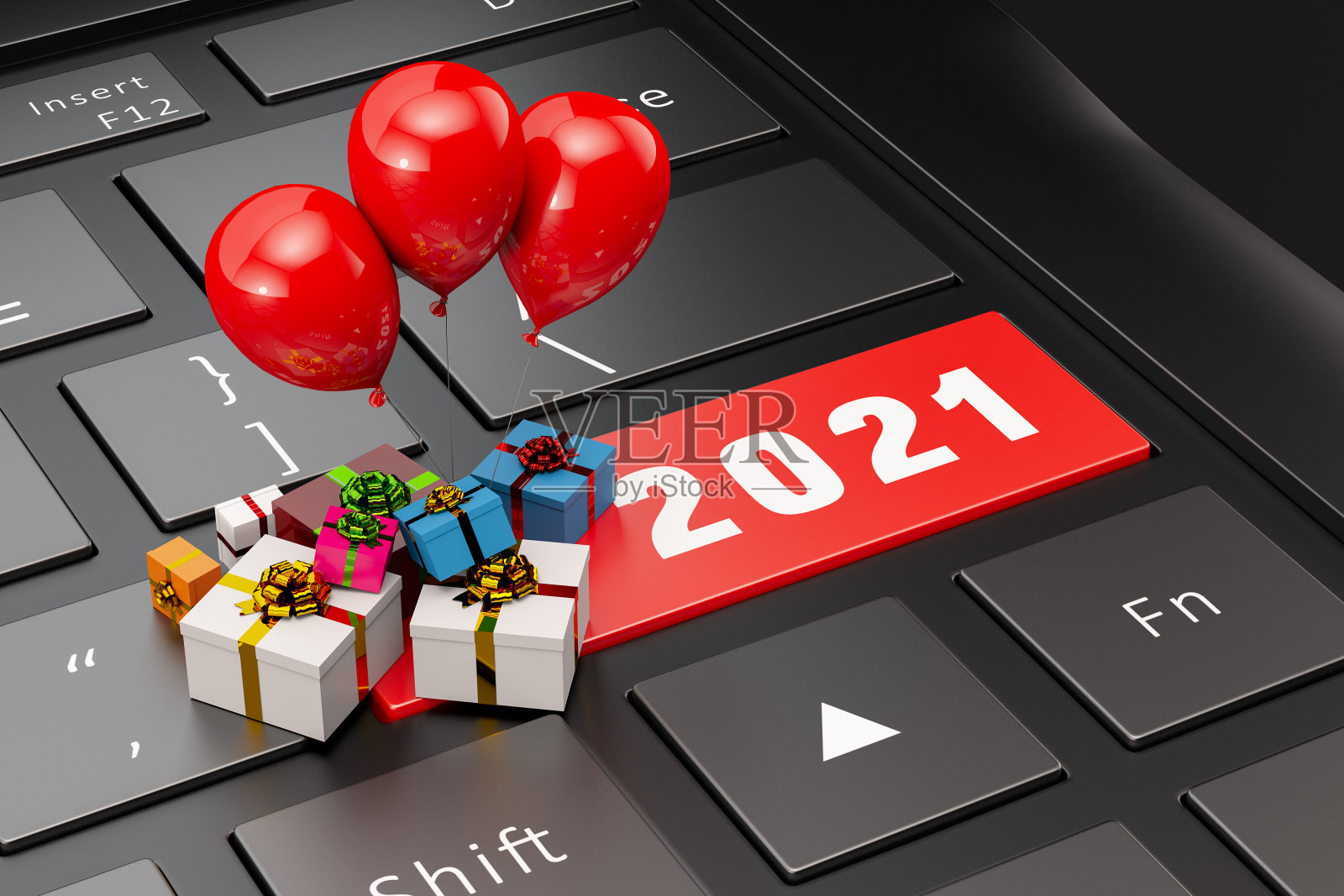 2021年新年概念与礼品盒气球键盘照片摄影图片