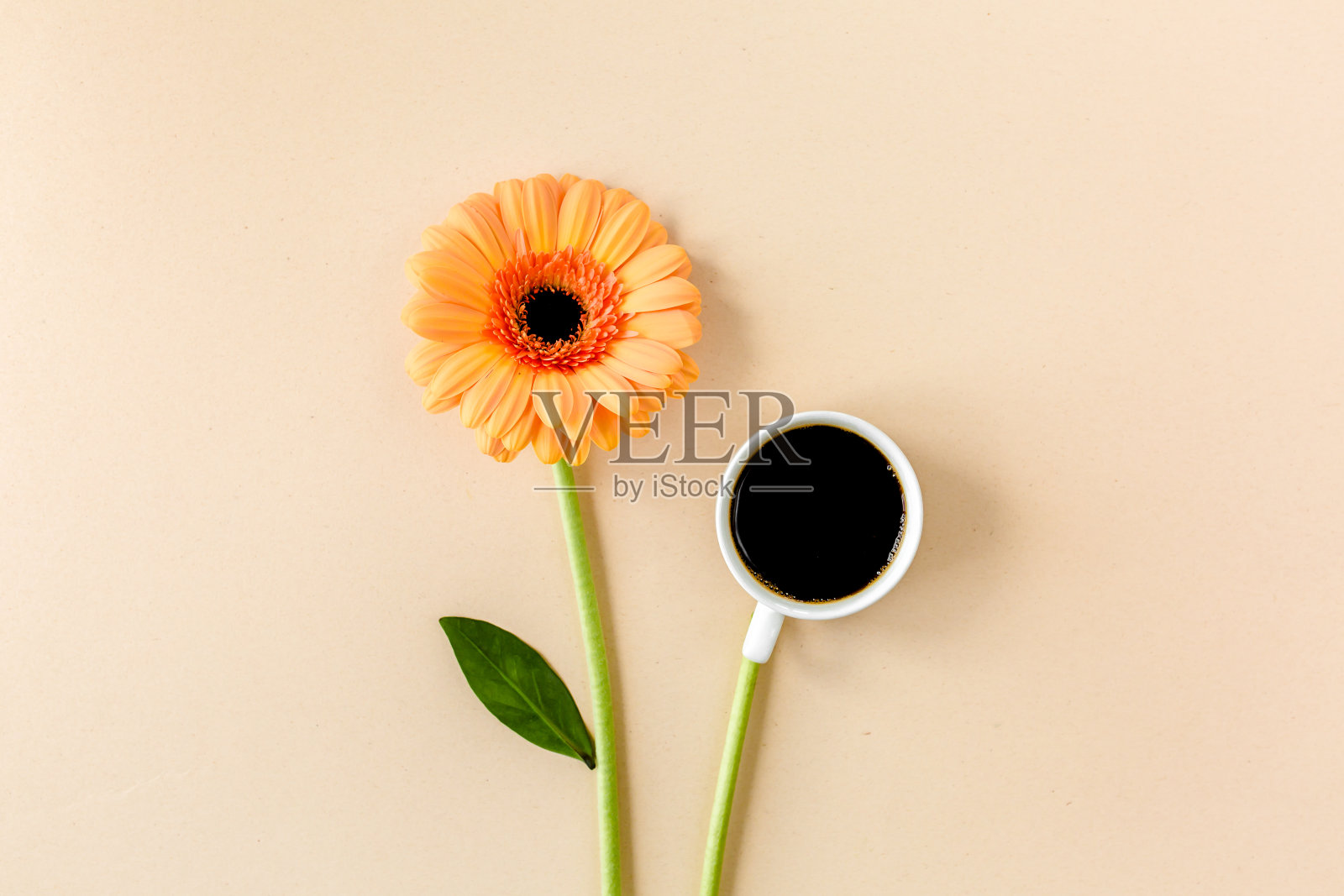 一杯咖啡和米色背景上的花瓣。平躺，俯视图照片摄影图片