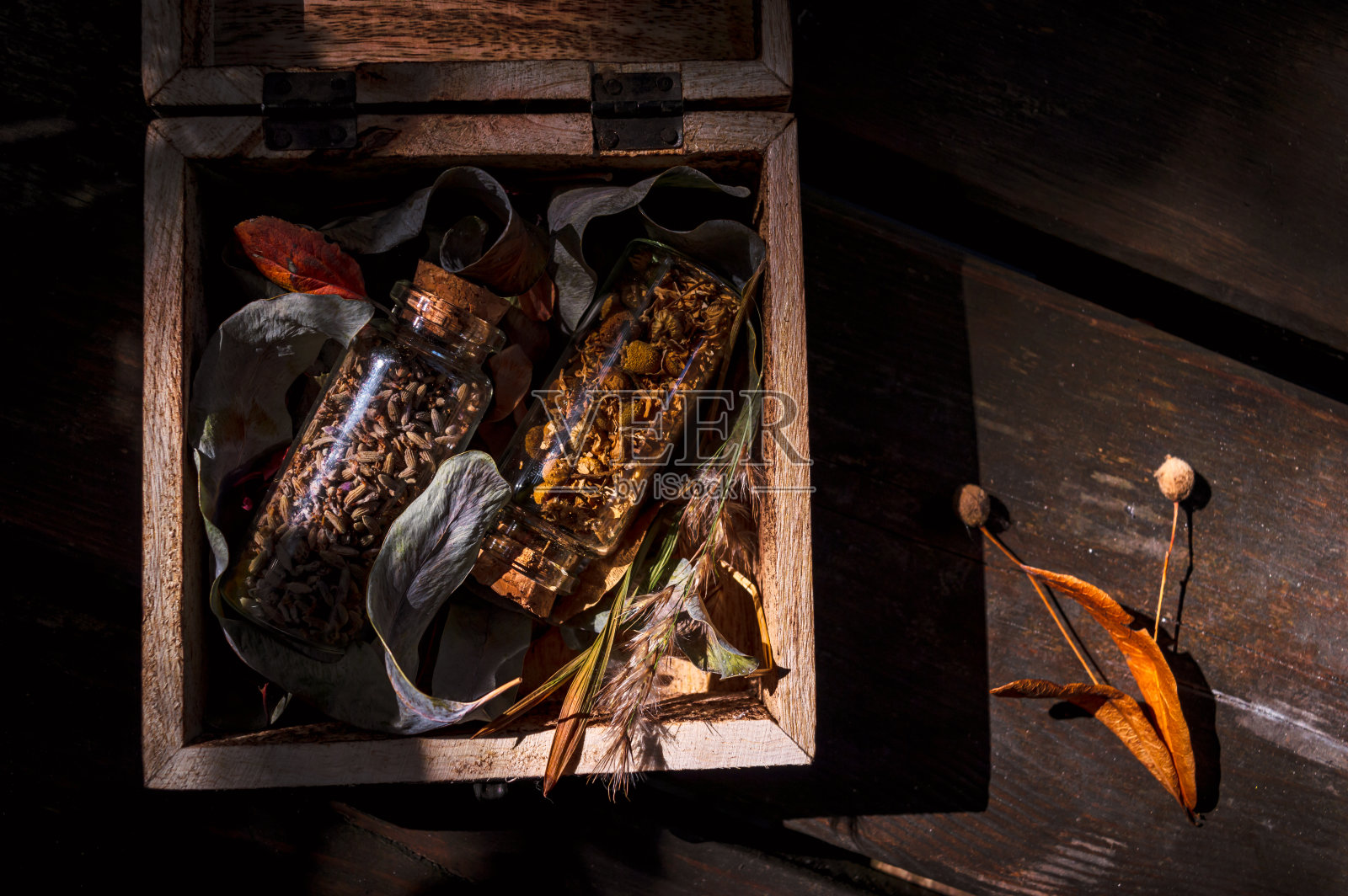 薰衣草和洋甘菊的瓶子照片摄影图片