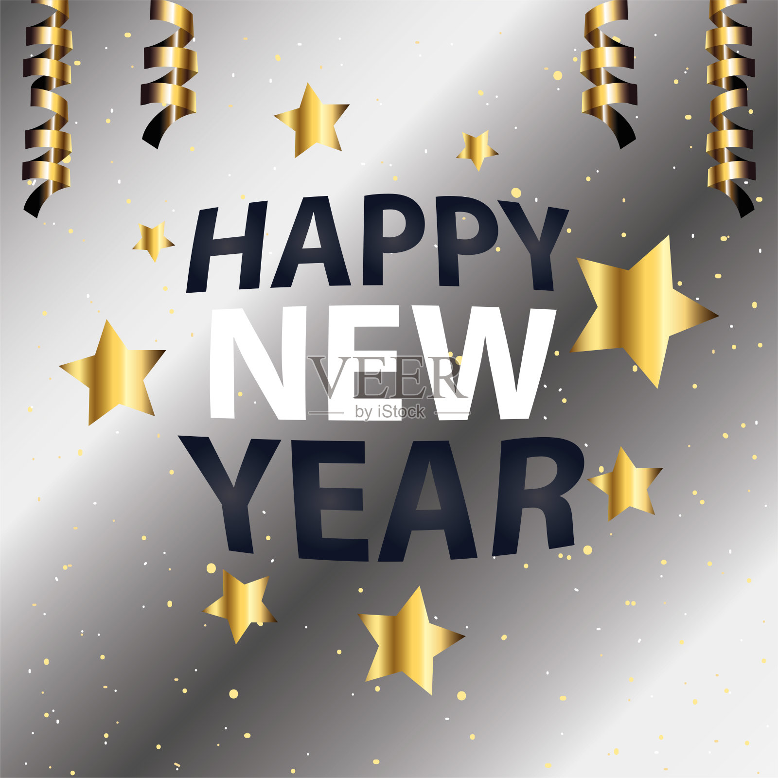 2021年新年快乐，五彩纸屑和星星银色风格矢量设计插画图片素材