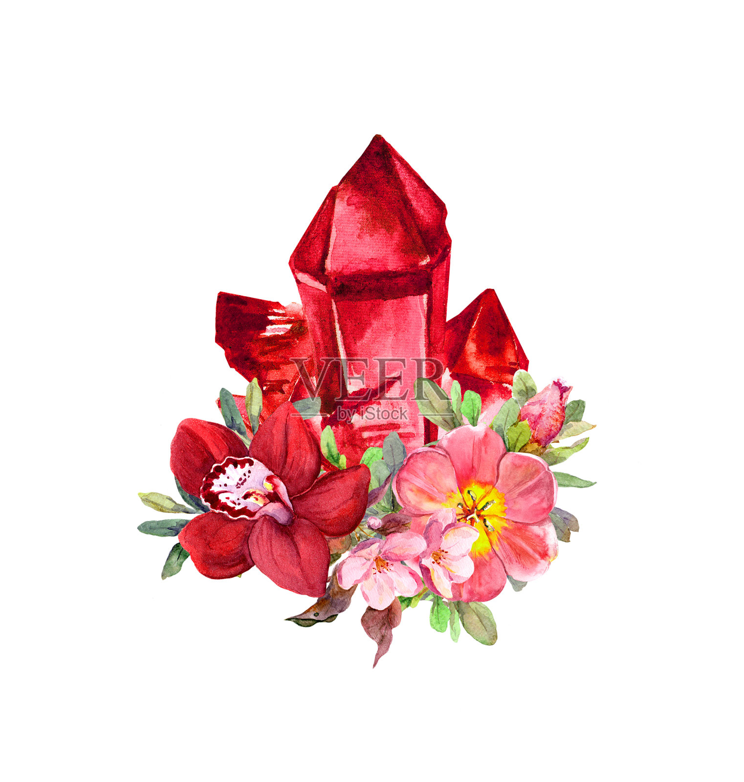 红色紫水晶宝石石，水晶在粉红色的花朵。水彩纹身或卡片插画图片素材