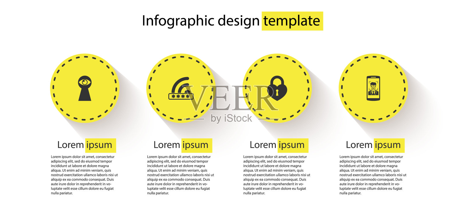 设置锁孔与眼睛，Wifi锁定，城堡在形状的心脏和移动和面部识别。业务信息模板。向量设计模板素材