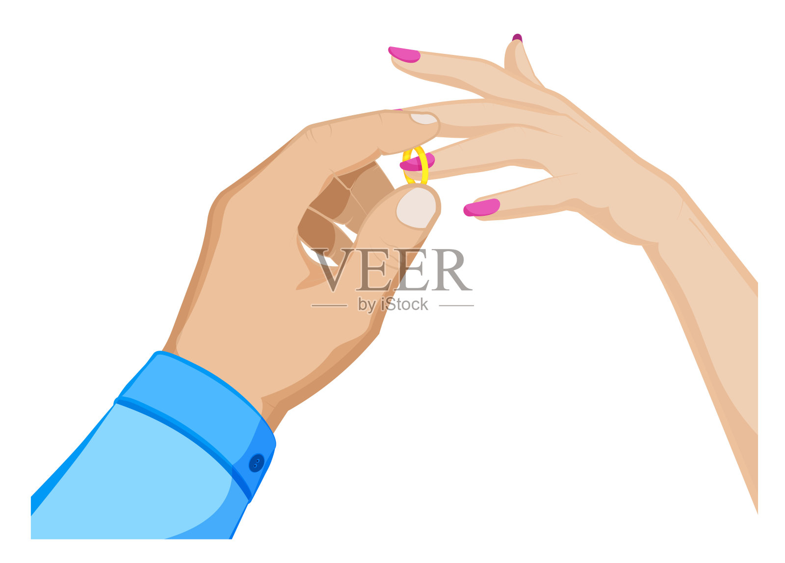 男子将结婚戒指戴在女子手上。婚姻，家庭，婚礼。卡通矢量图，白色背景插画图片素材