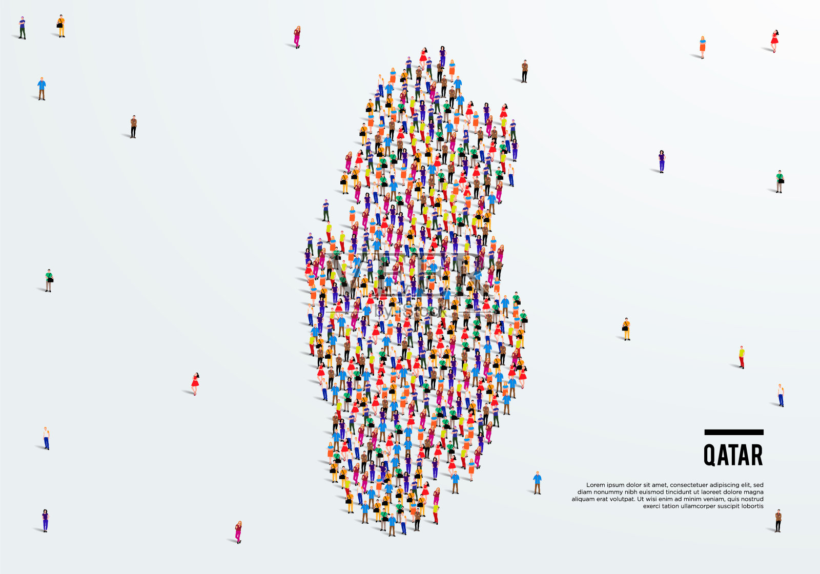 卡塔尔的地图。一大群人形成了卡塔尔地图的形状。矢量插图。插画图片素材