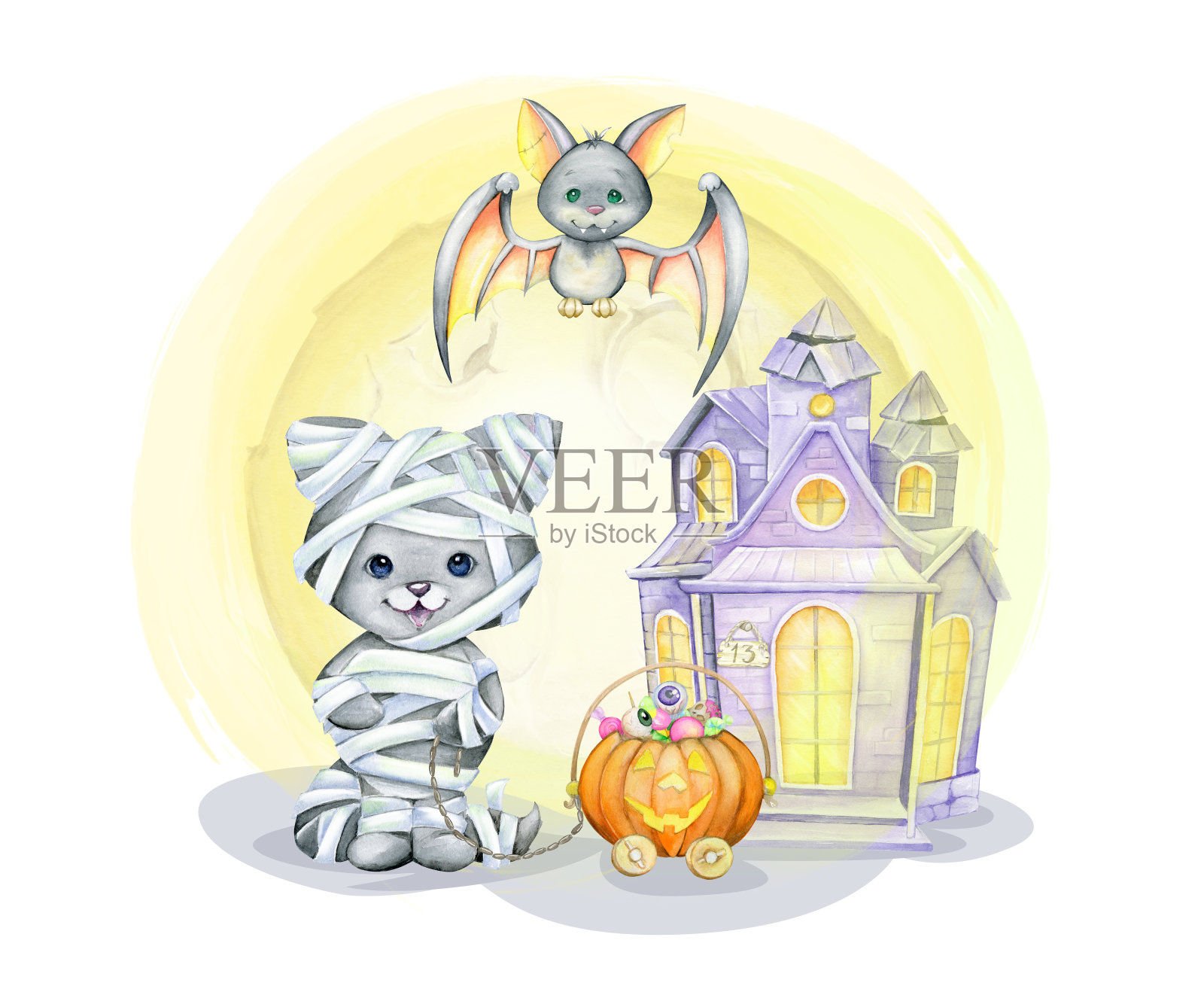 穿着木乃伊服装的猫，蝙蝠，南瓜，甜蜜，回家。水彩概念，在卡通风格的万圣节节日插画图片素材