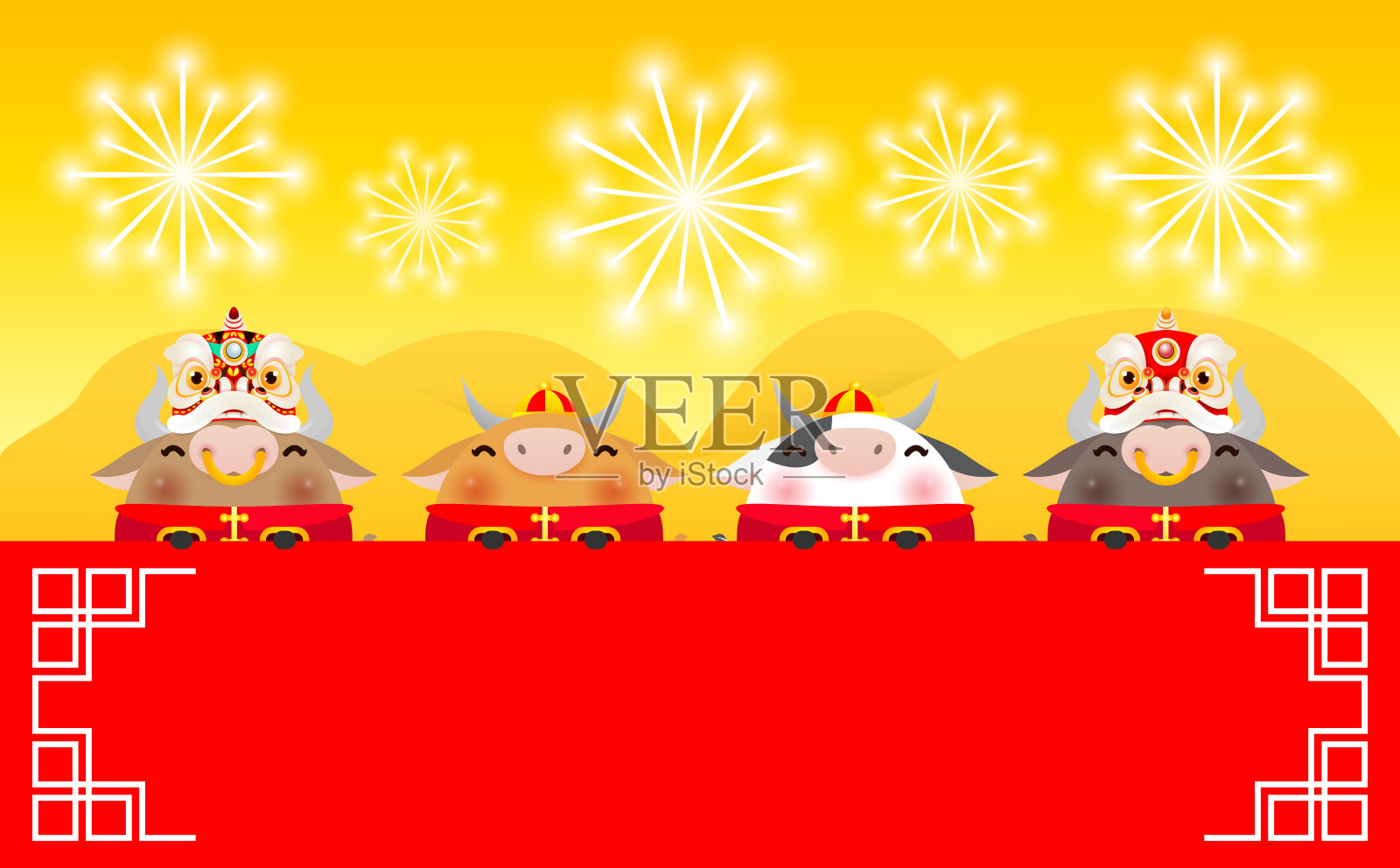 2017年春节快乐，四小牛和狮子跳舞持有标志，牛年的黄道十二宫，可爱的小牛卡通矢量插图，旗帜，日历，翻译:春节快乐插画图片素材