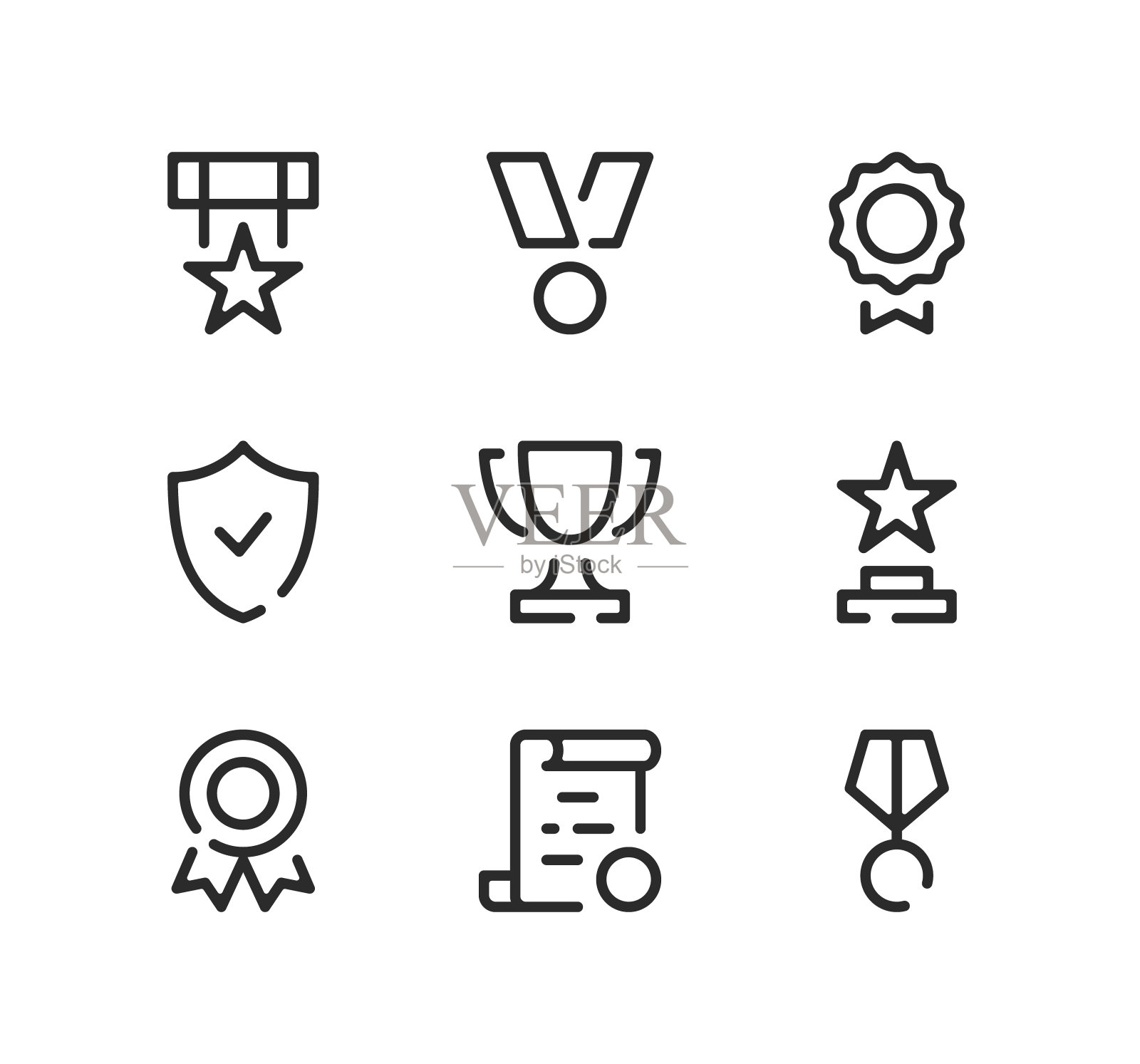 奖项线图标设置。现代平面设计理念，黑色笔触线性符号，简单轮廓元素集合。矢量线的图标图标素材