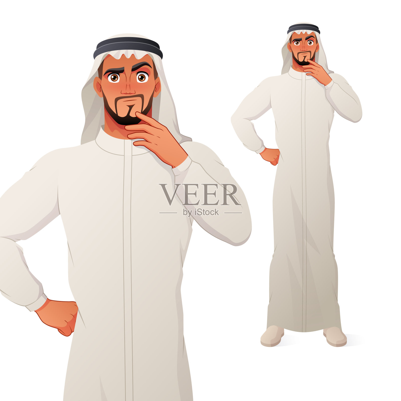 手托下巴思考的阿拉伯男子卡通形象插画图片素材