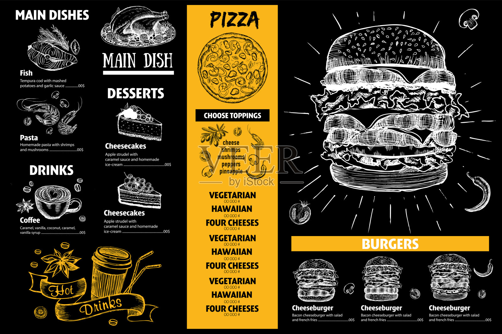 菜单的餐厅手册。带有手绘图形的传单。插画图片素材