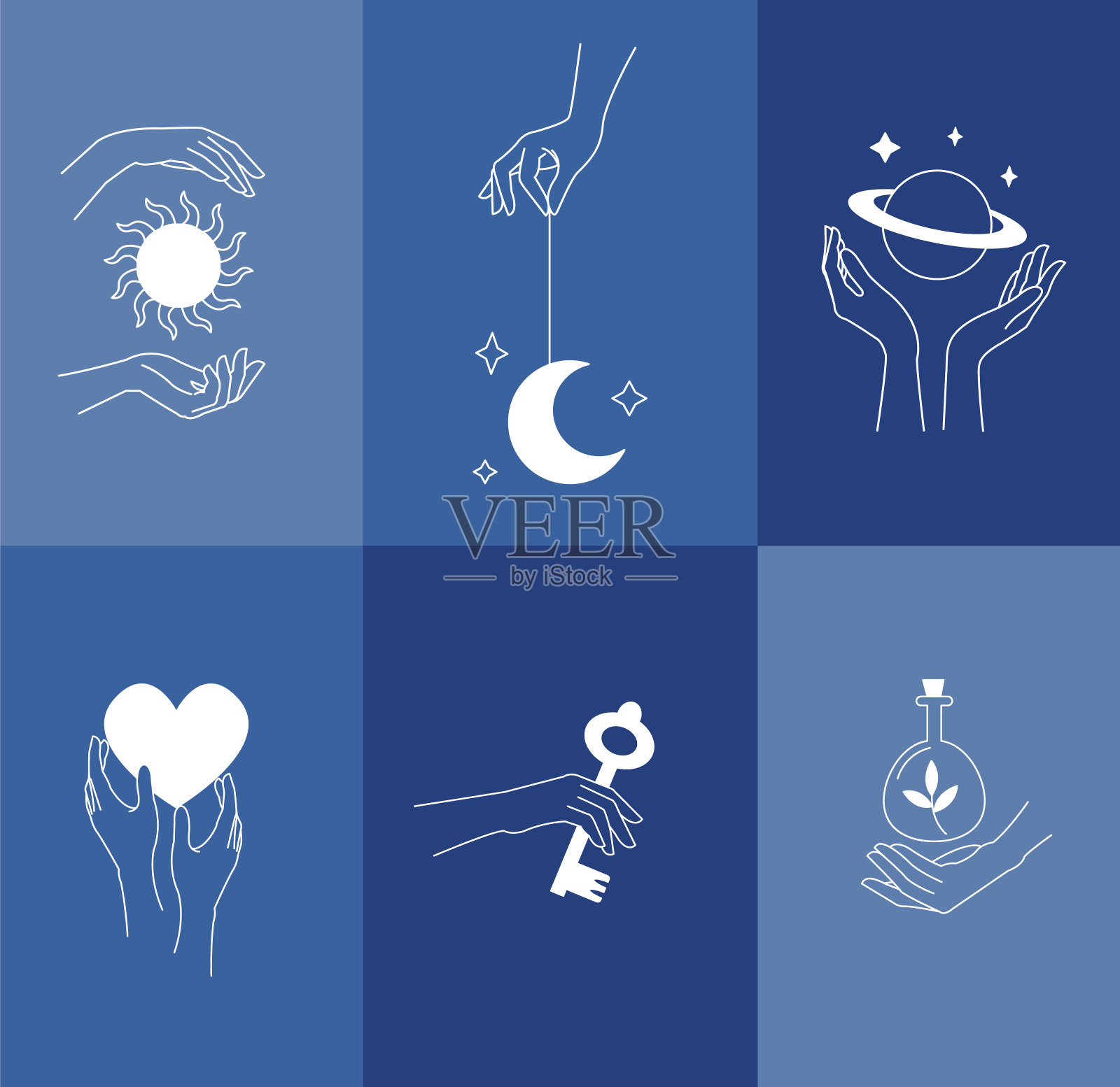 标志设计模板与女人的手和神秘的天体元素-太阳，月亮，心，钥匙，毒药和行星。插画图片素材