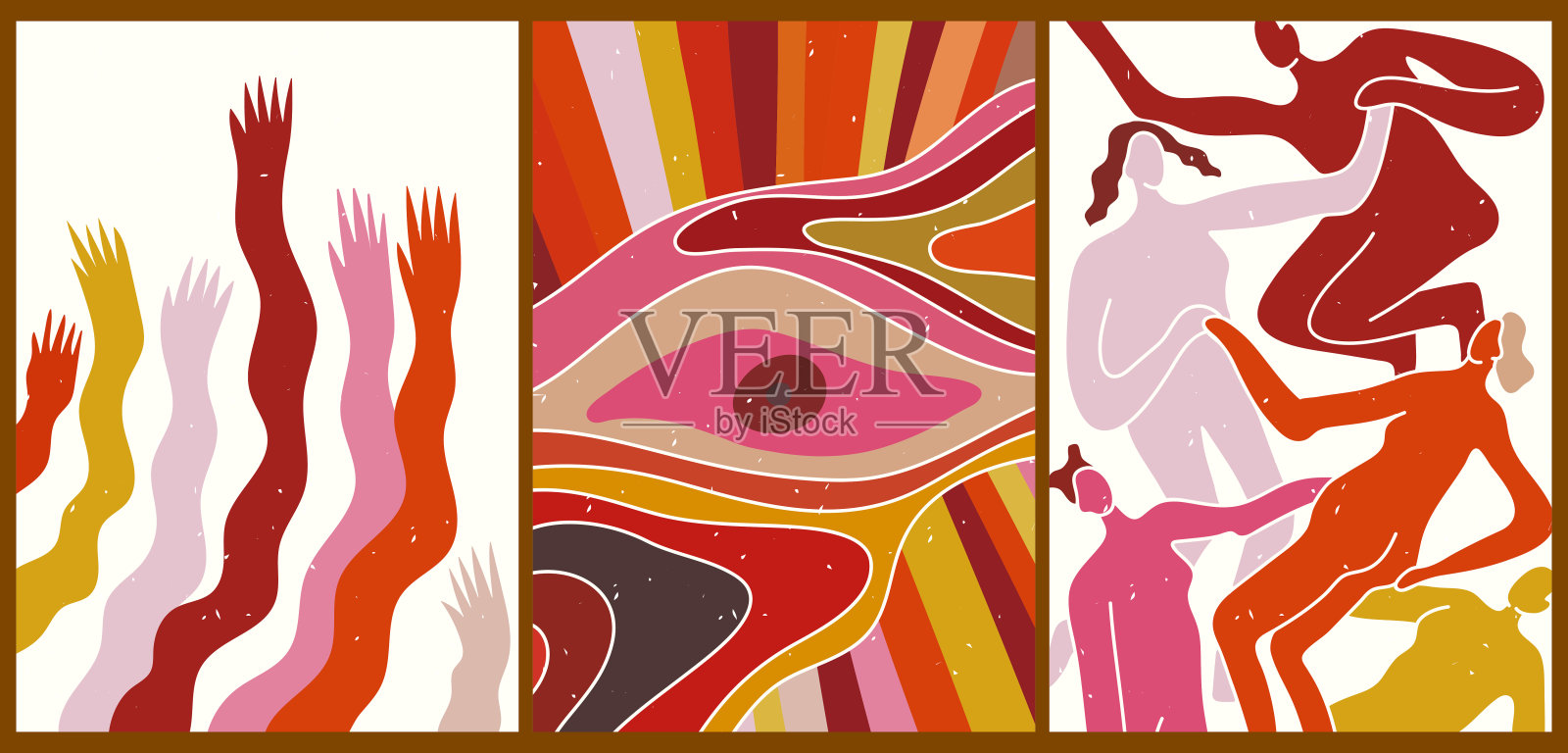 一套明亮的抽象极简主义美学背景与不同的人的剪影，手，眼睛。插画图片素材