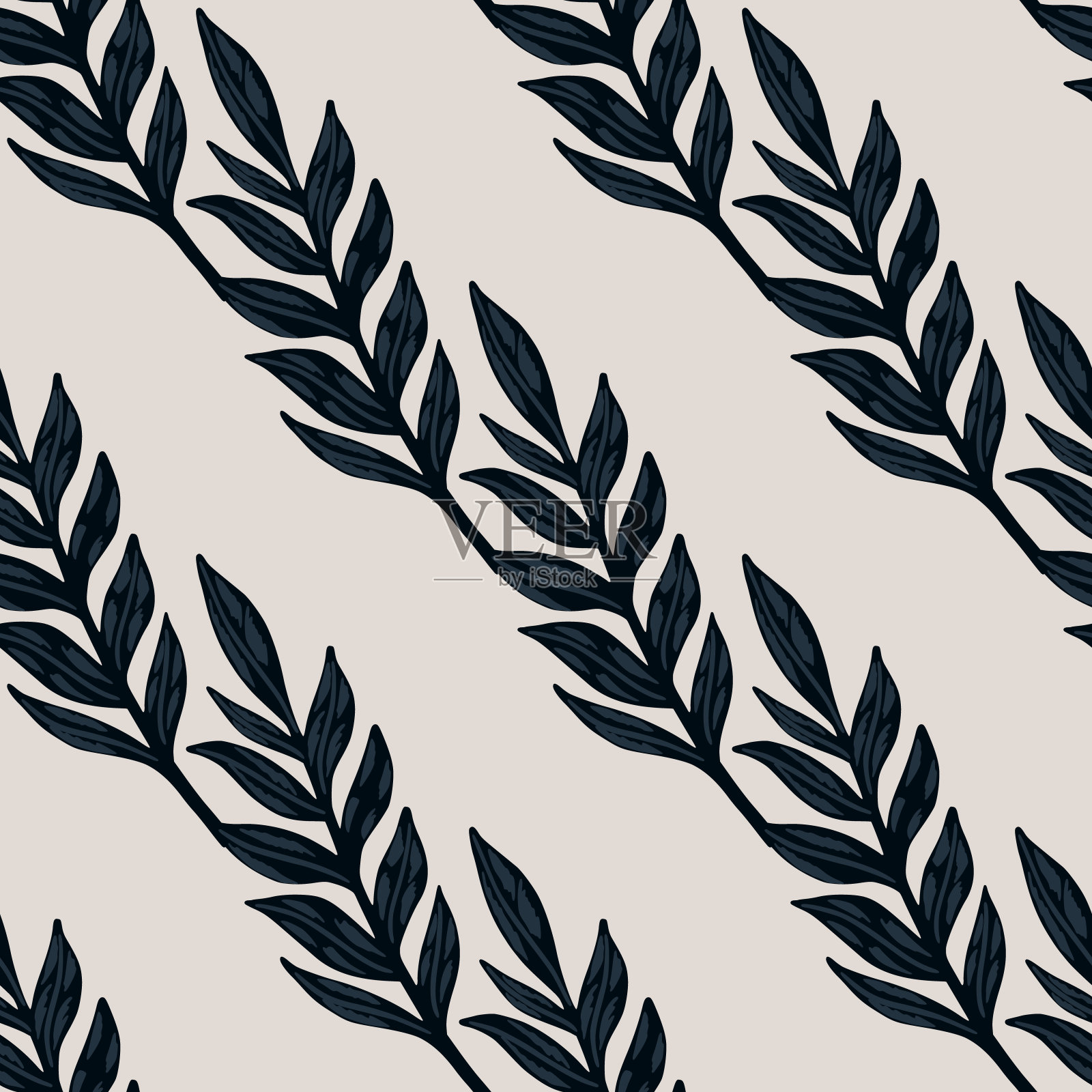 简单的植物无缝图案与手绘叶枝干。黑色叶子的轮廓在灰色的背景上。插画图片素材