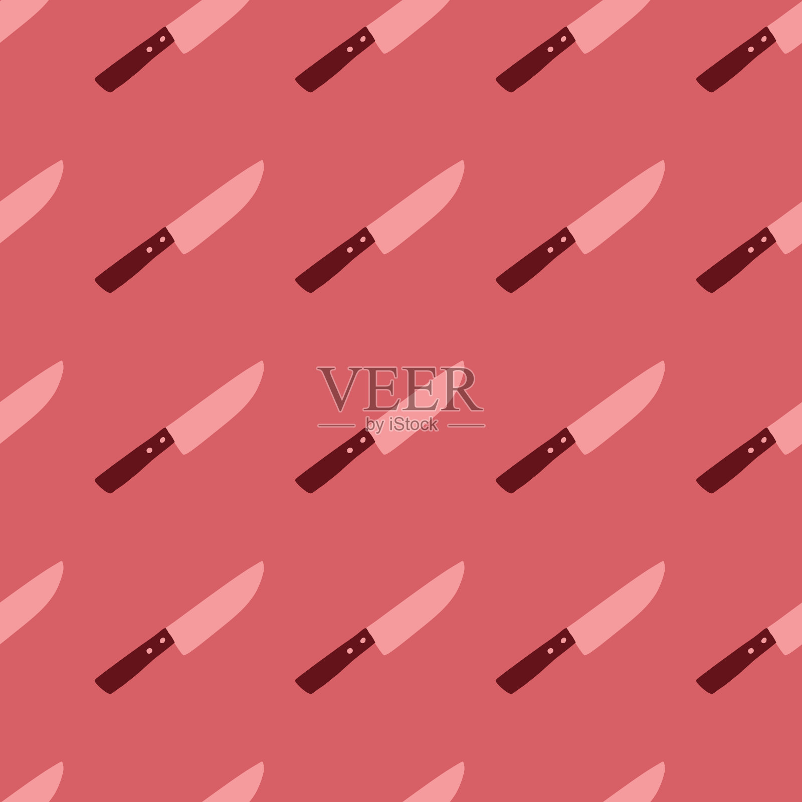 粉色无缝图案搭配简单的刀饰。恐怖的风格。烹饪设备手绘背景。插画图片素材