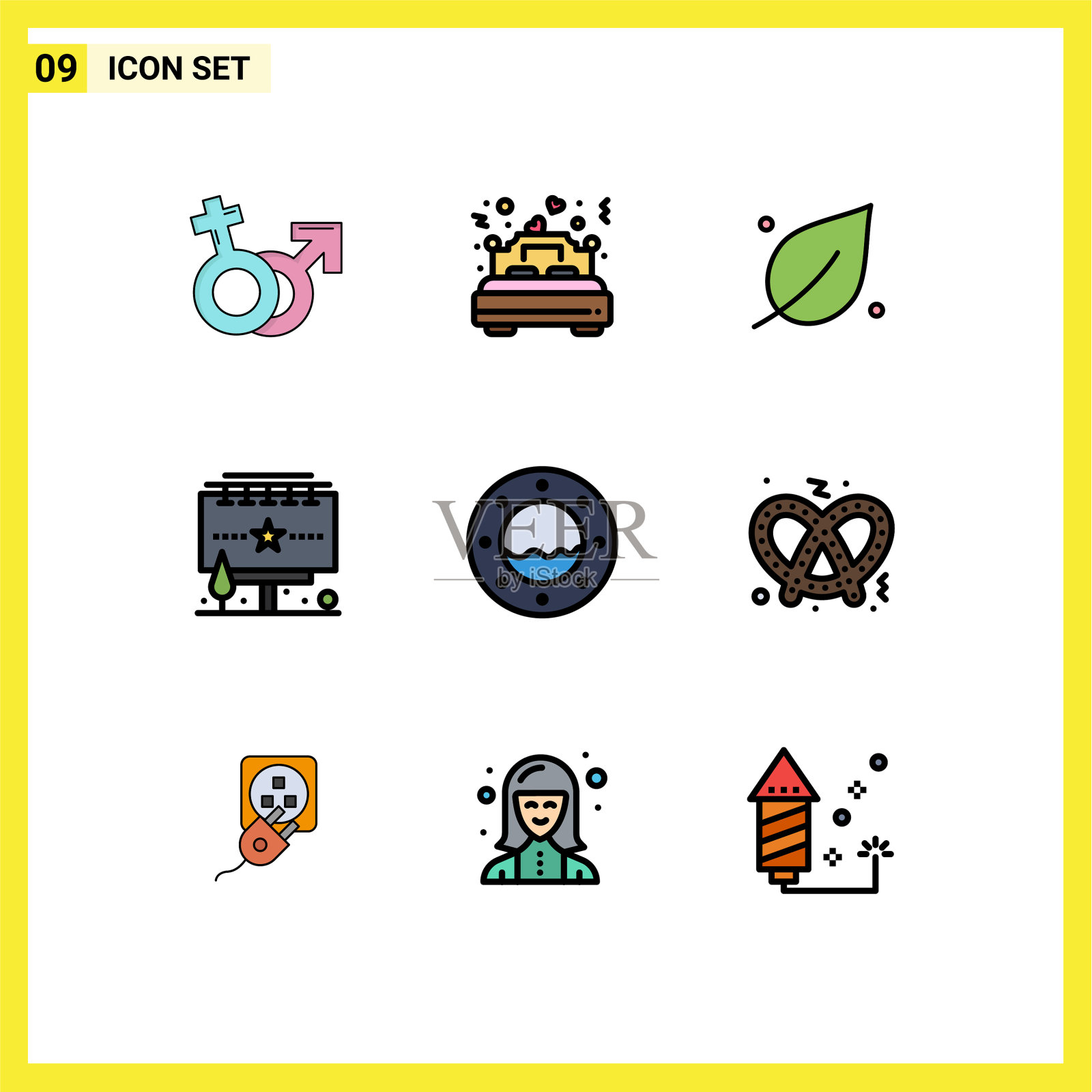 象形图设置9个简单的填充线平色插画图片素材