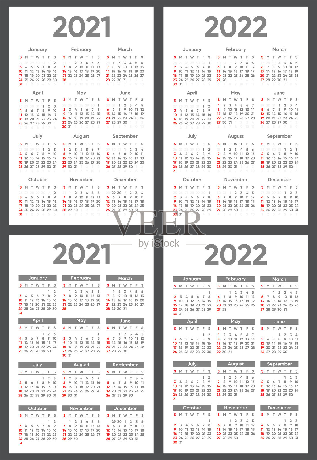 日历是2021年，2022年。上周星期天开始。垂直模板在简单的最小设计。每年的日历组织者。插画图片素材