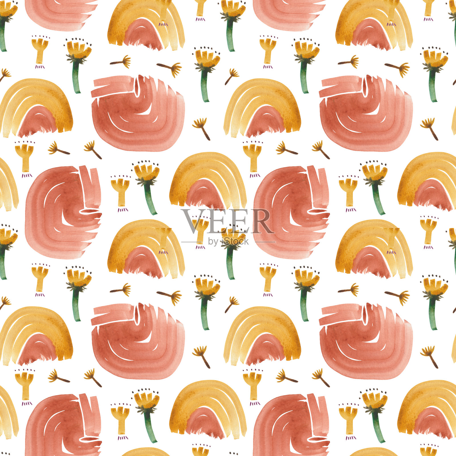 水彩无缝的秋花图案和抽象的笔触插画图片素材