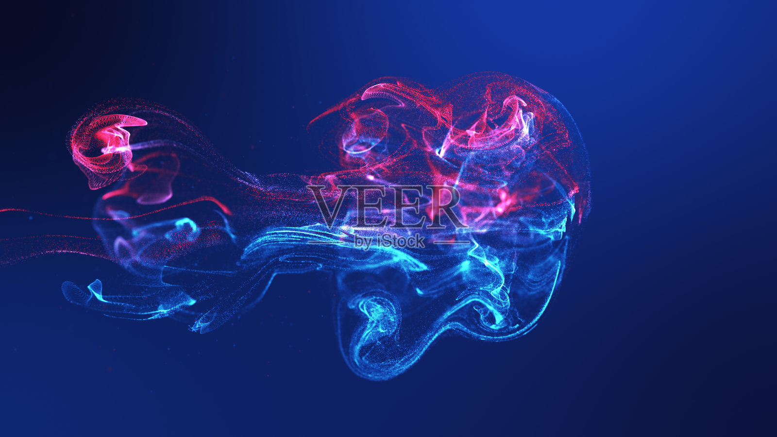 未来水母形状黄蓝色彩色流体颗粒波流动。照片摄影图片